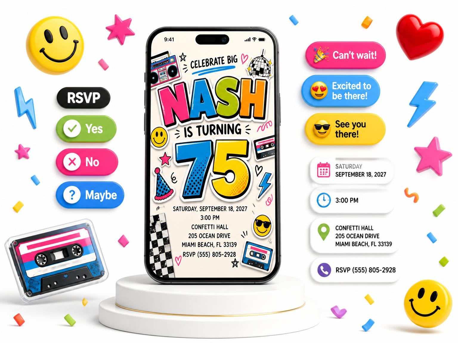 The Sticker Pop 75th Birthday Invitation invitation on a phone, with guest RSVPs arriving around it