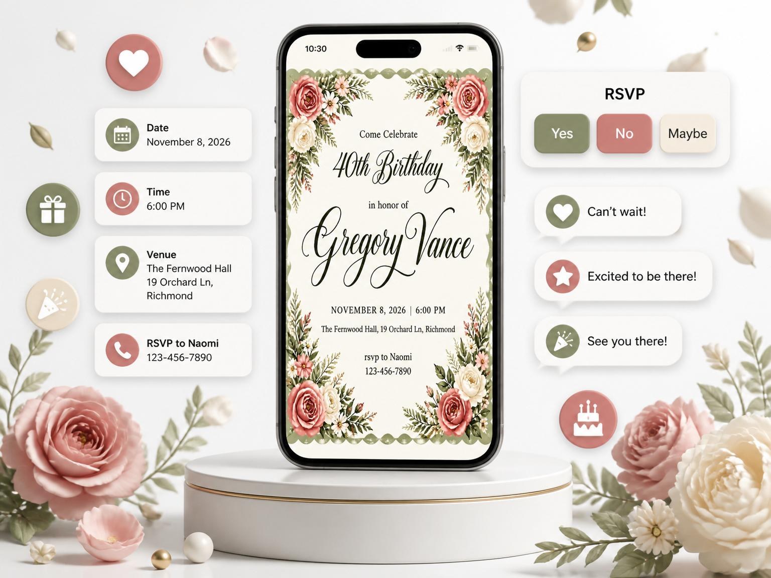 The Watercolor Rose Fern 40th Birthday Invitation invitation on a phone, with guest RSVPs arriving around it