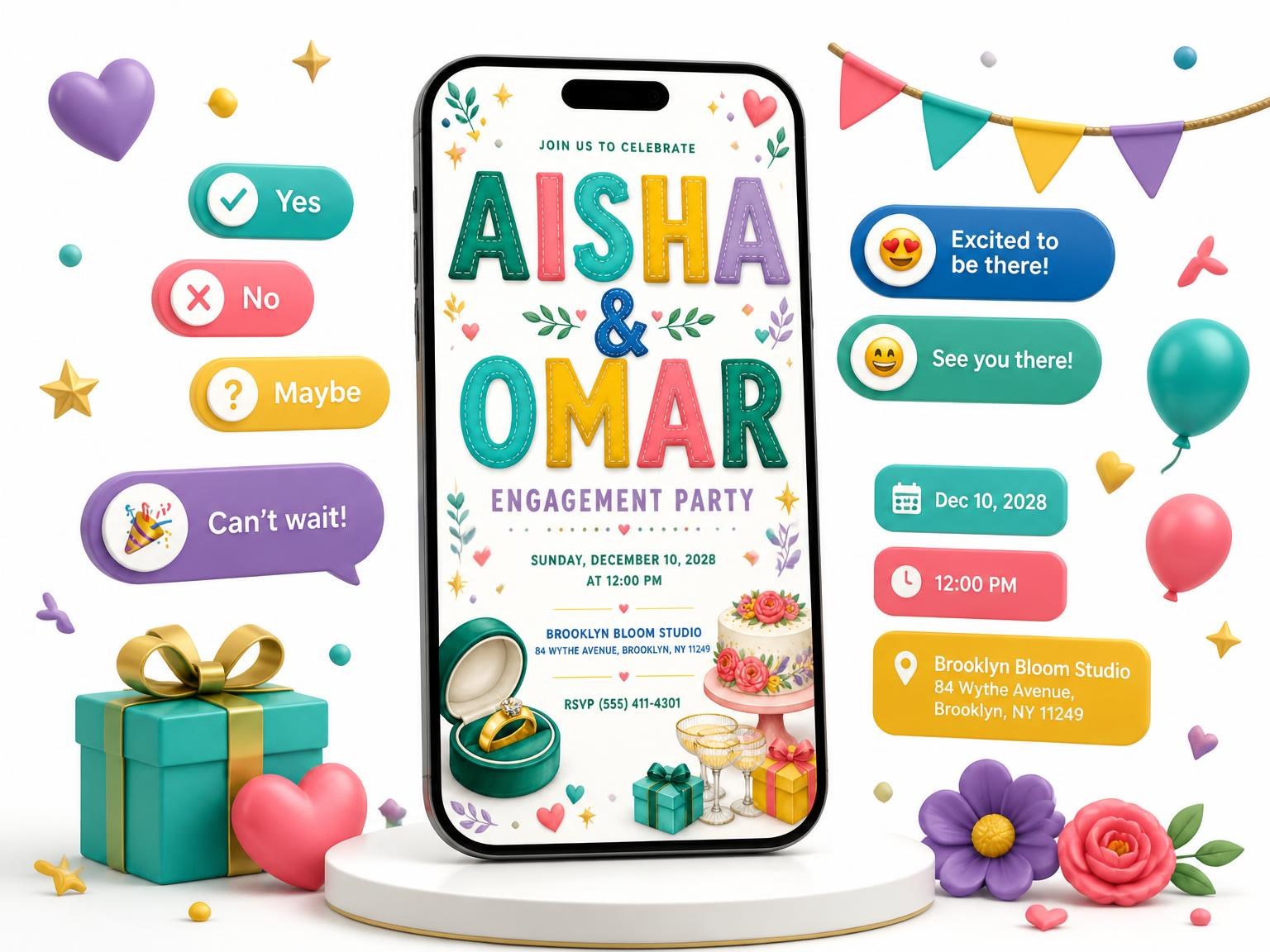 The Floral Engagement Party Invitation invitation on a phone, with guest RSVPs arriving around it