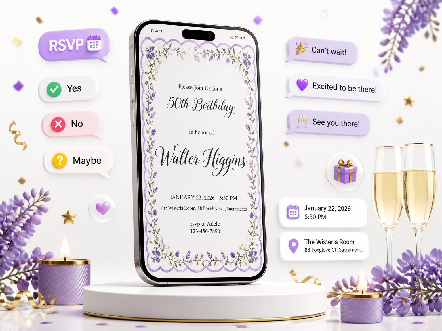 The Watercolor Wisteria Border Birthday Invitation invitation on a phone, with guest RSVPs arriving around it