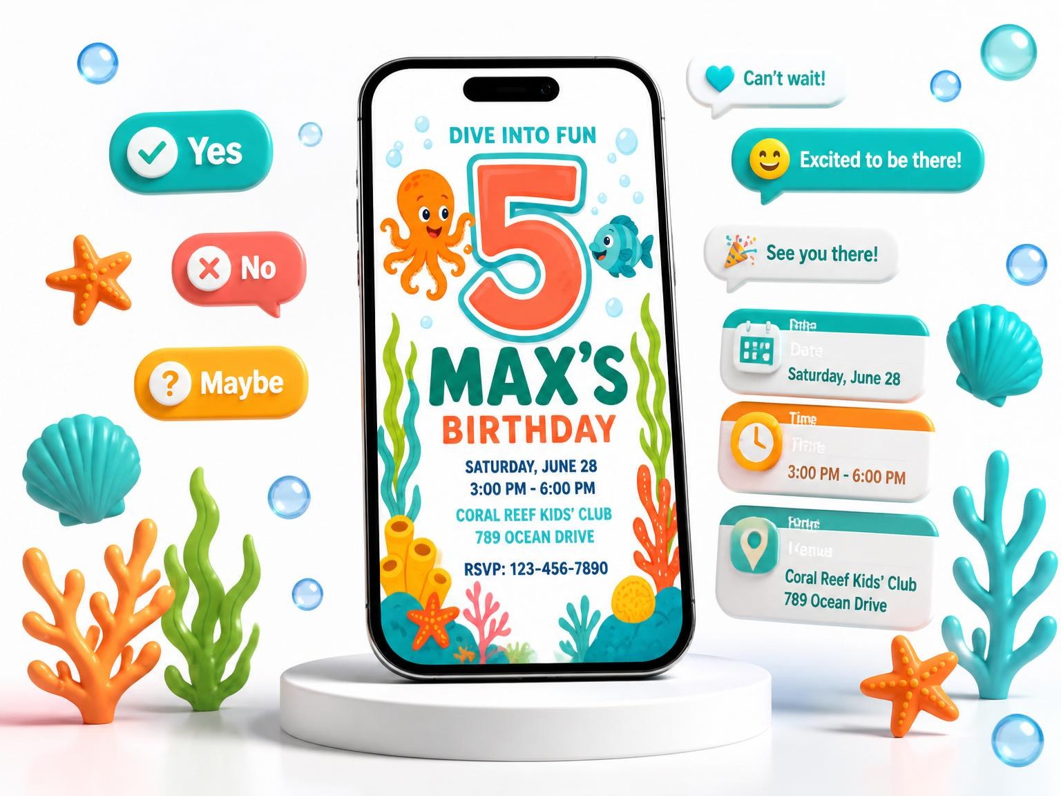 The Underwater Octopus Coral Reef 5th Birthday invitation on a phone, with guest RSVPs arriving around it