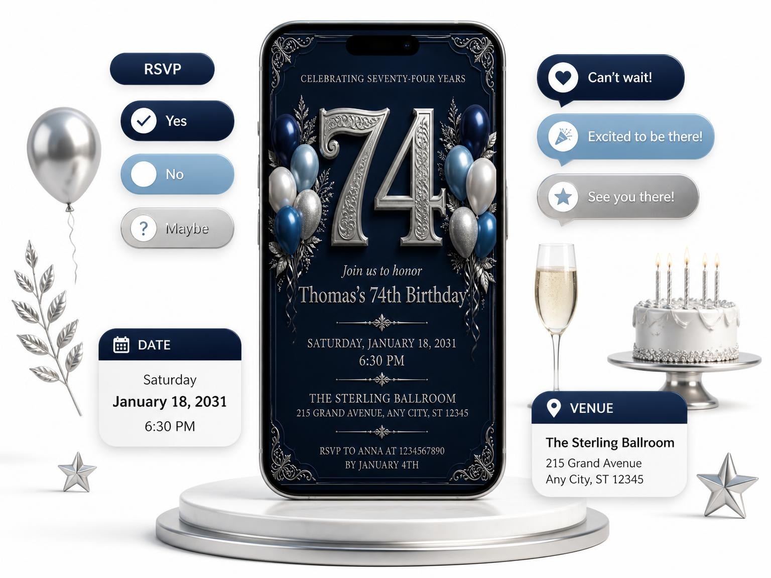 The Navy and Silver 74th Birthday Invitation invitation on a phone, with guest RSVPs arriving around it