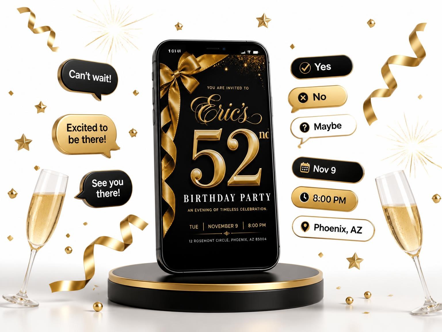 The Black and Gold Ribbon 52nd Birthday invitation on a phone, with guest RSVPs arriving around it
