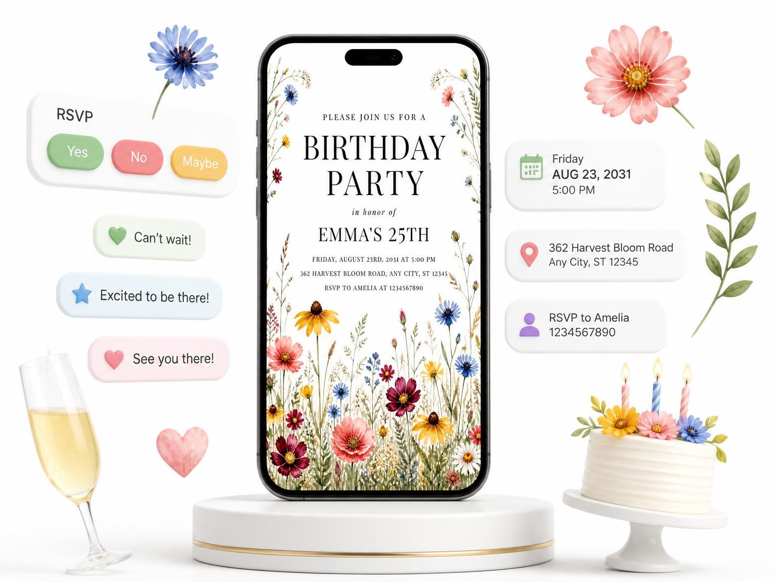 The Golden Wildflower Meadow Botanical 25th Birthday Invitation invitation on a phone, with guest RSVPs arriving around it
