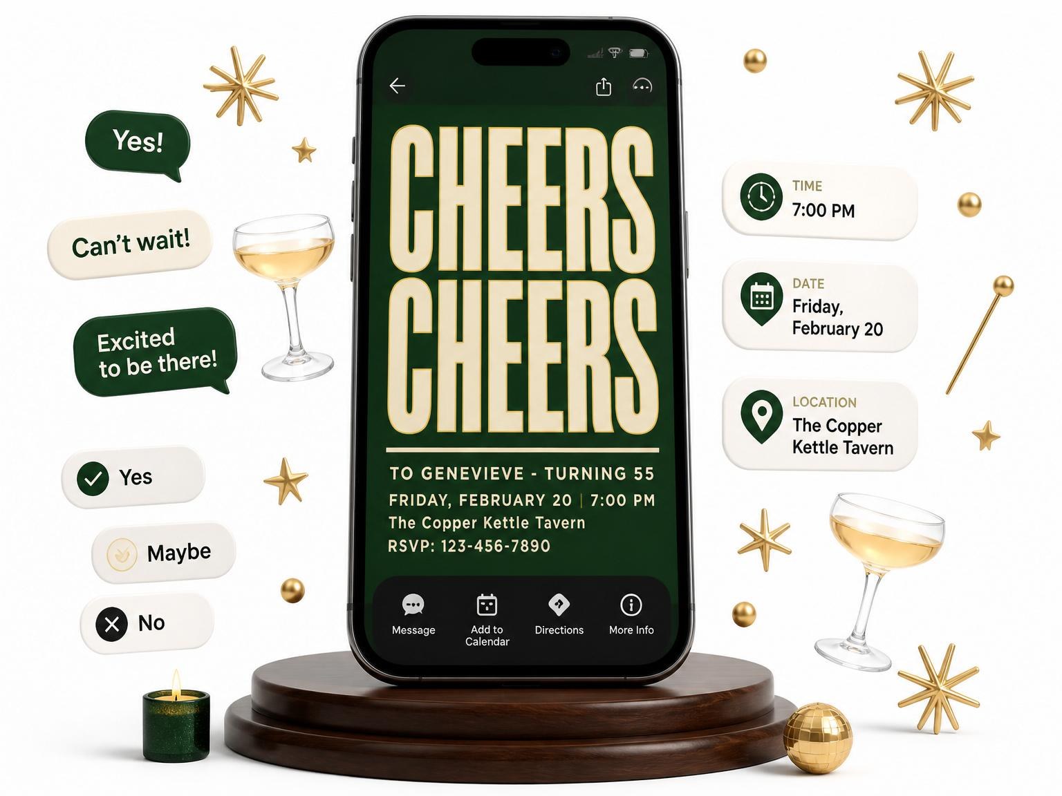 The Deep Green Tavern Pub 55th Birthday invitation on a phone, with guest RSVPs arriving around it