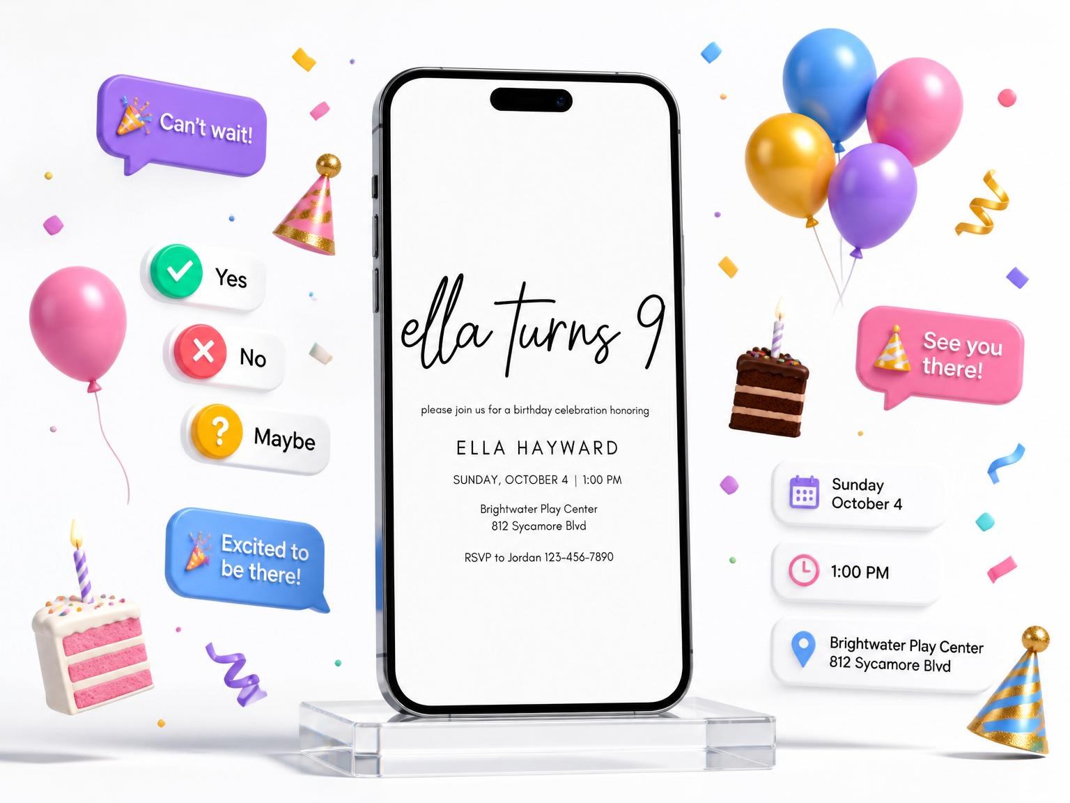 The Minimalist Black and White Birthday Invitation invitation on a phone, with guest RSVPs arriving around it