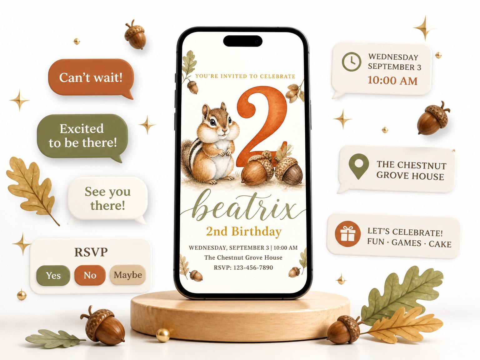 The Watercolor Chipmunk Autumn 2nd Birthday invitation on a phone, with guest RSVPs arriving around it