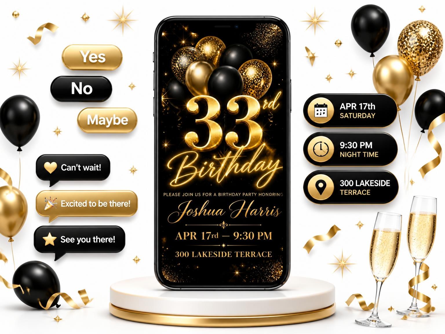 The Black and Gold Balloon 33rd Birthday invitation on a phone, with guest RSVPs arriving around it
