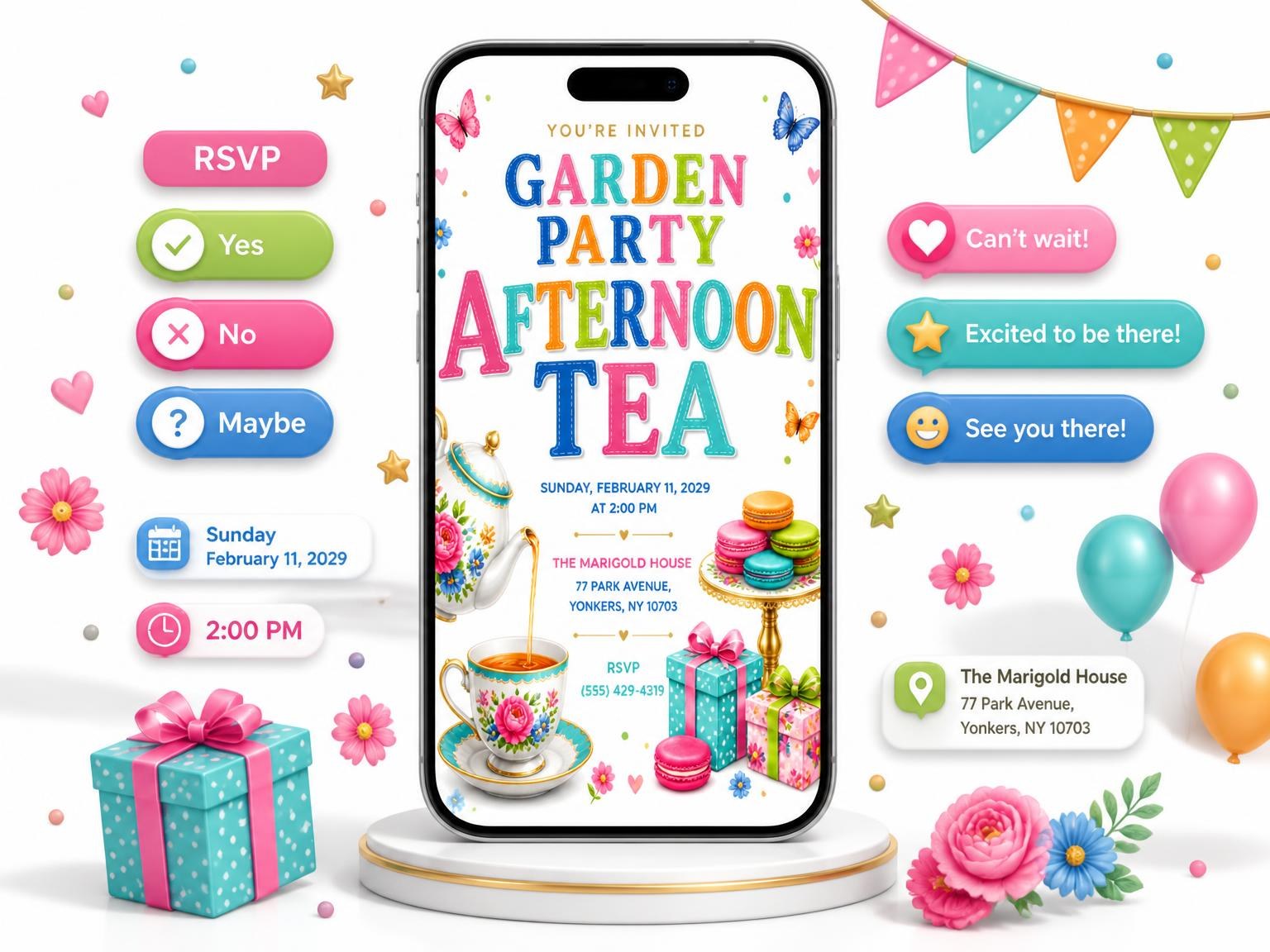 The Garden Party Afternoon Tea Invitation invitation on a phone, with guest RSVPs arriving around it