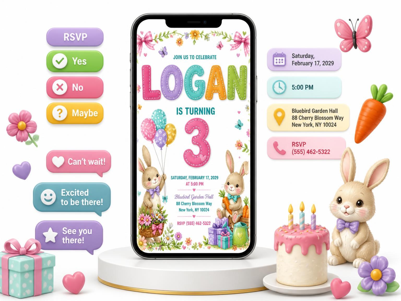 The Stitched Bunny Garden 3rd Birthday Invitation invitation on a phone, with guest RSVPs arriving around it