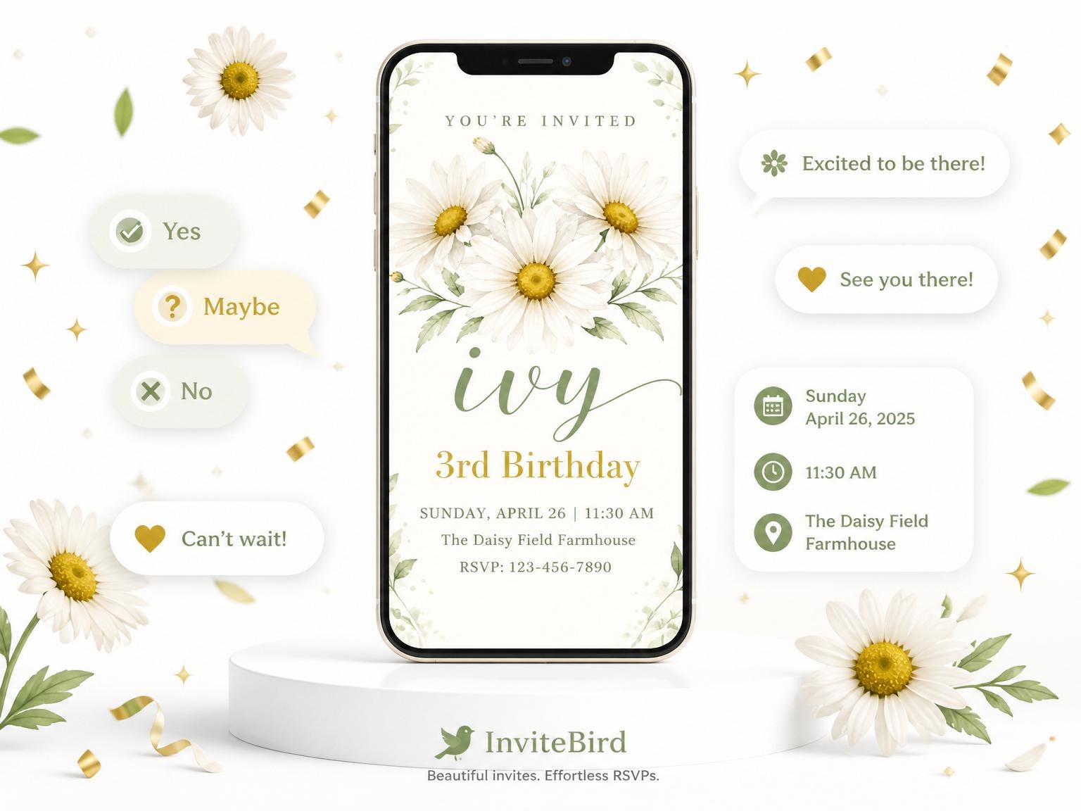 The Watercolor Daisy Field 3rd Birthday Invitation invitation on a phone, with guest RSVPs arriving around it