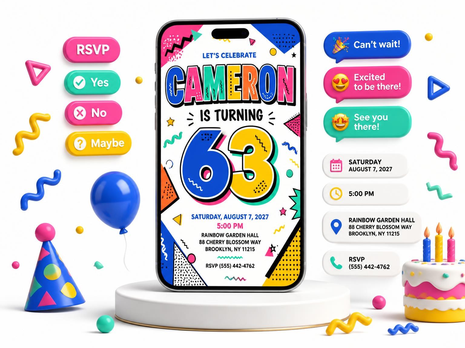 The Memphis Pop 63rd Birthday Invitation invitation on a phone, with guest RSVPs arriving around it