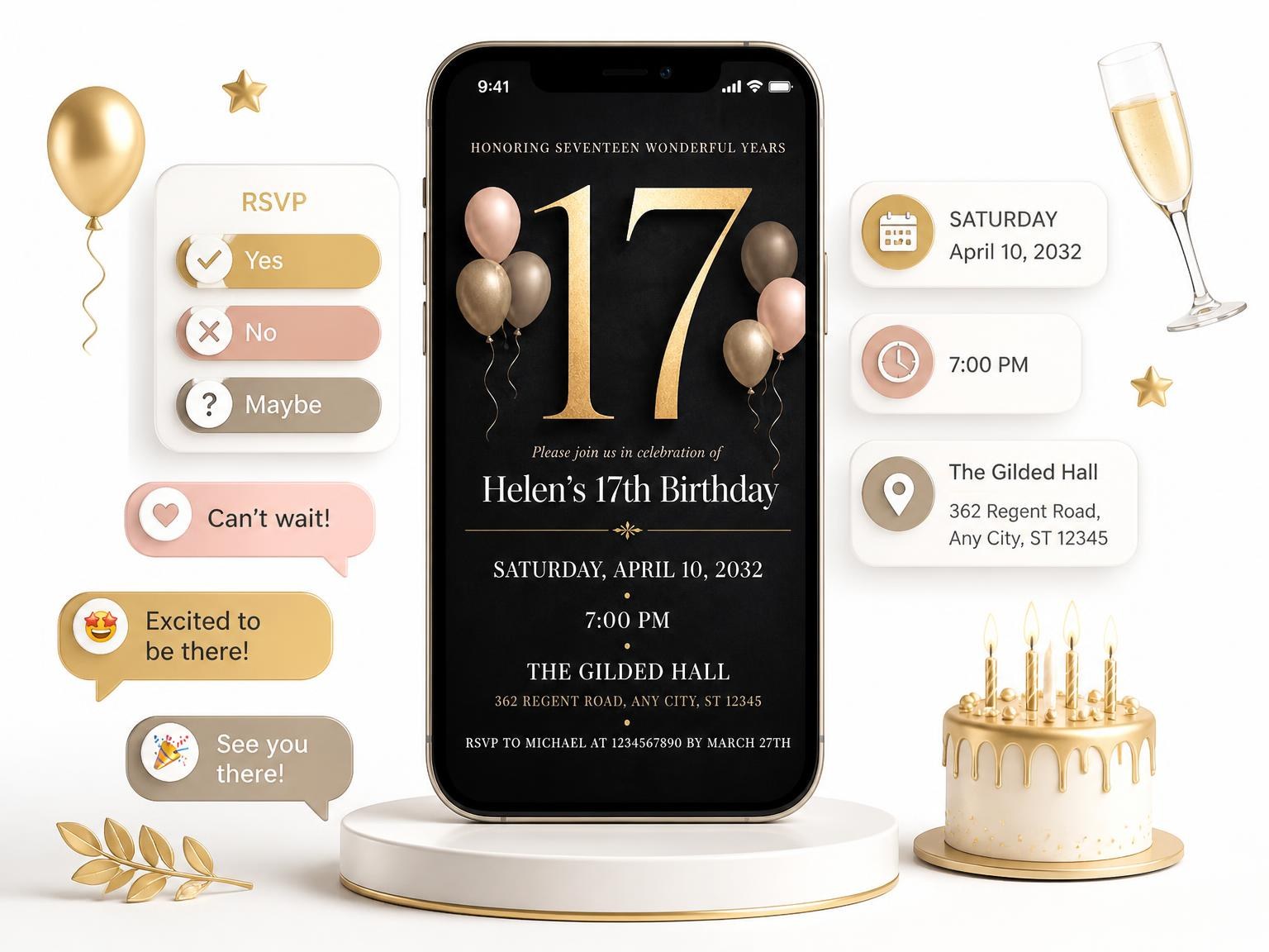 The Charcoal and Blush 17th Birthday Invitation invitation on a phone, with guest RSVPs arriving around it