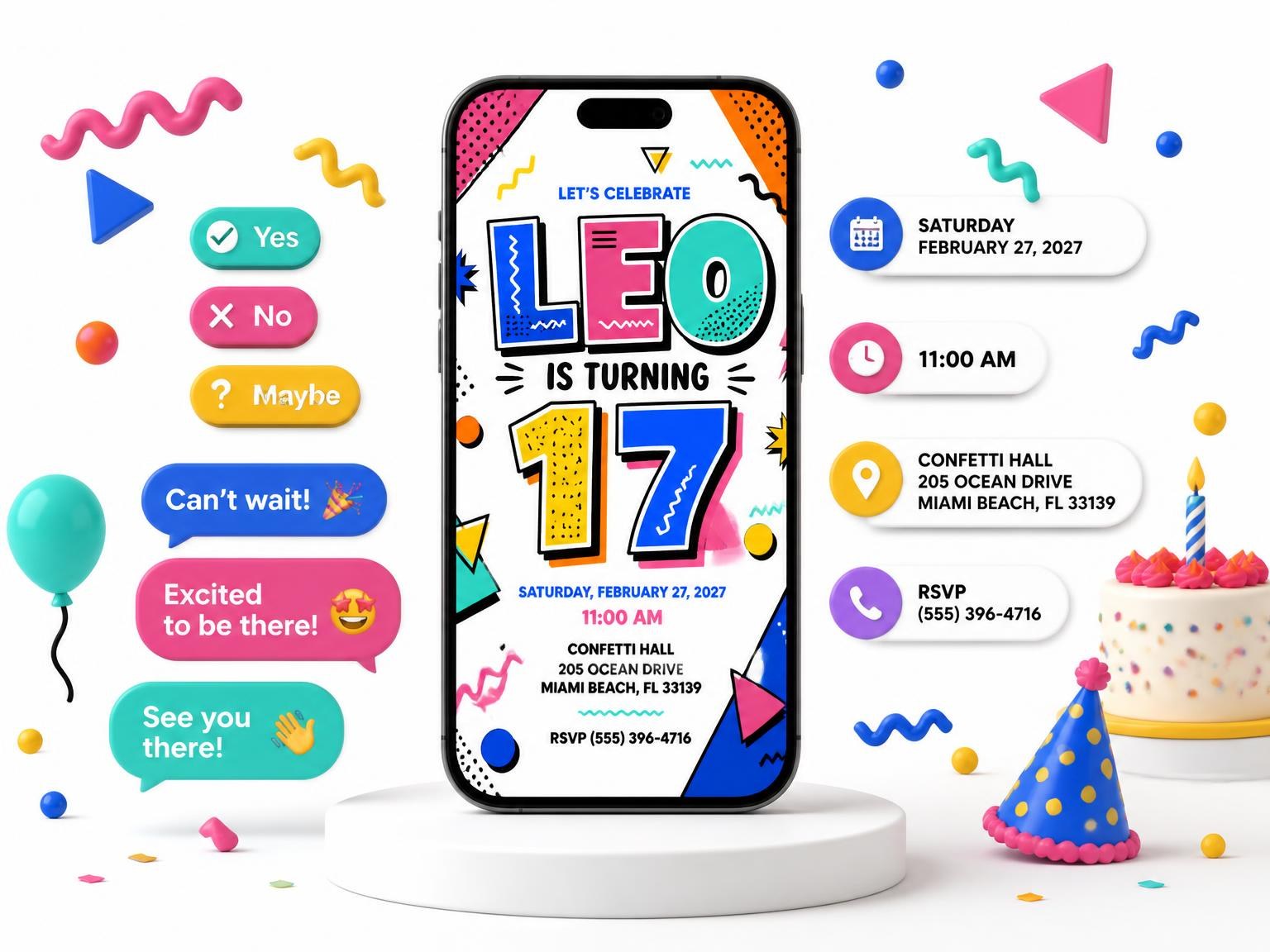 The Memphis Pop 17th Birthday Invitation invitation on a phone, with guest RSVPs arriving around it