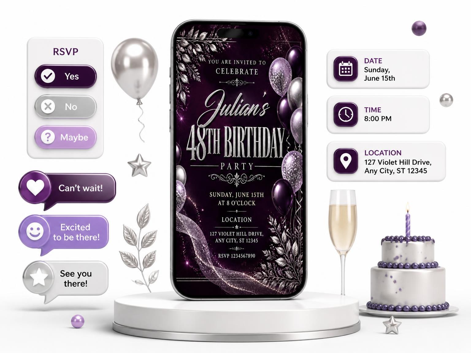 The Plum and Silver 48th Birthday Invitation invitation on a phone, with guest RSVPs arriving around it