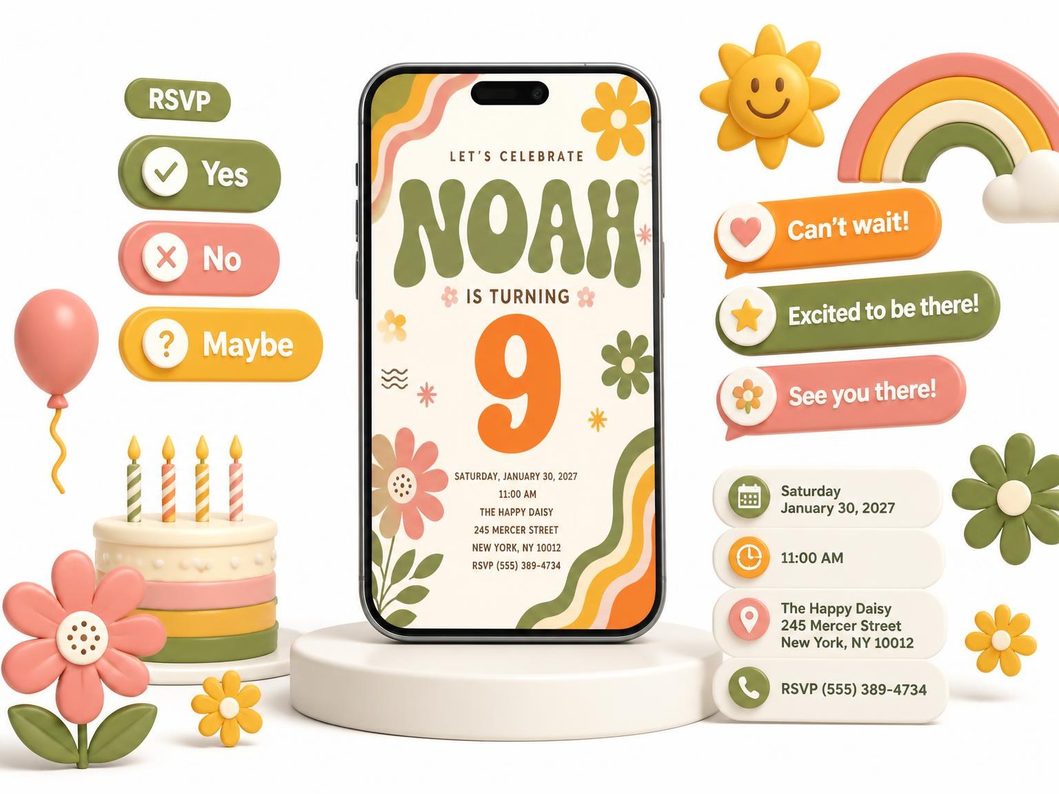 The Groovy Retro 9th Birthday Invitation invitation on a phone, with guest RSVPs arriving around it