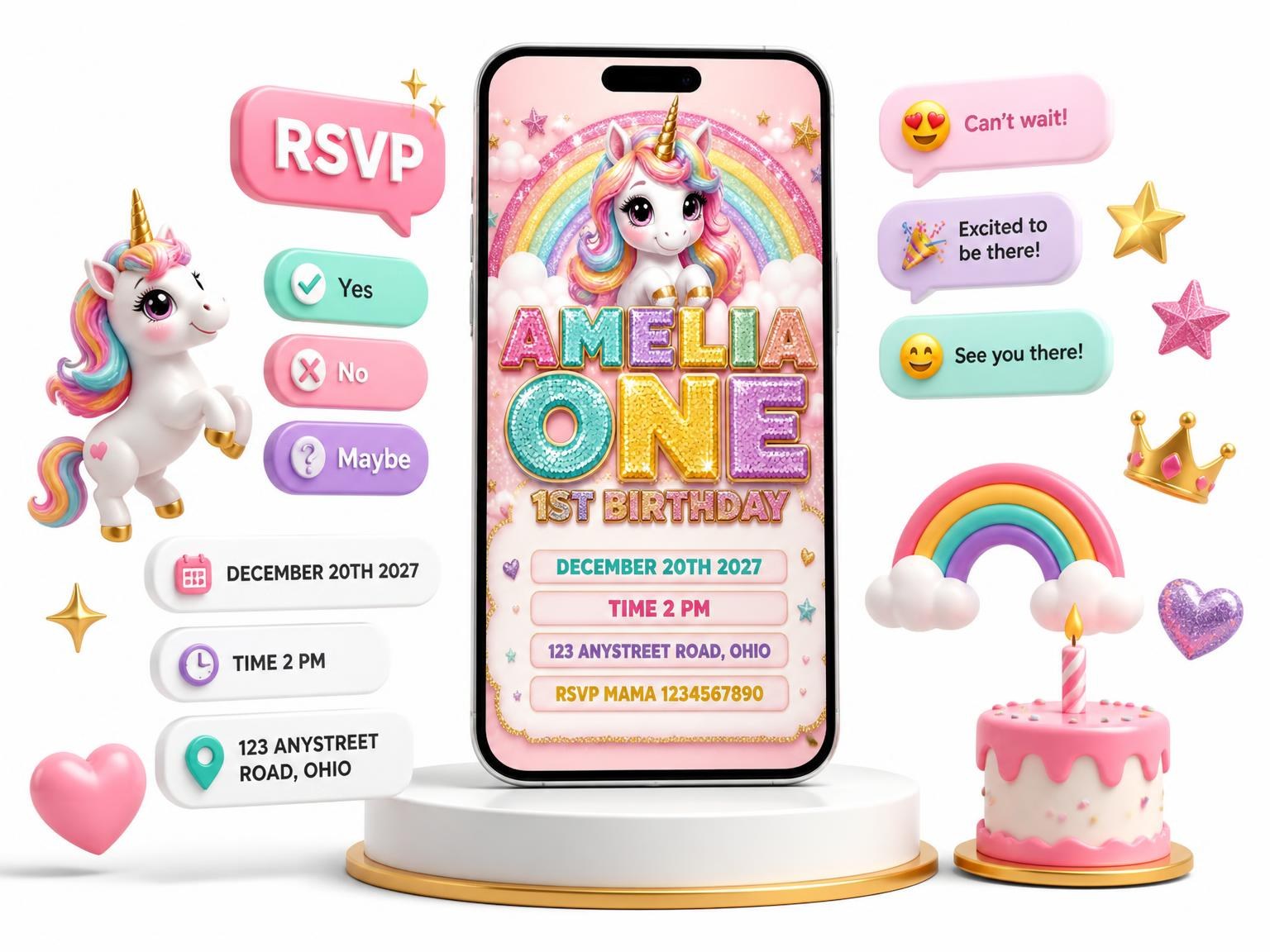 The Glitter Unicorn 1st Birthday Invitation invitation on a phone, with guest RSVPs arriving around it