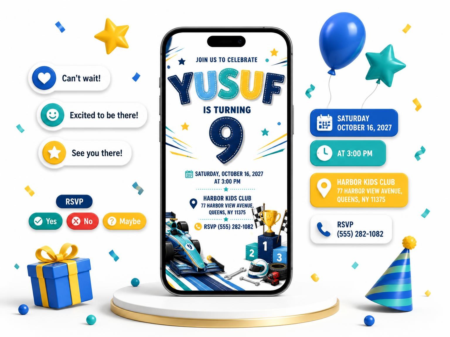 The Stitched Racing Podium 9th Birthday Invitation invitation on a phone, with guest RSVPs arriving around it
