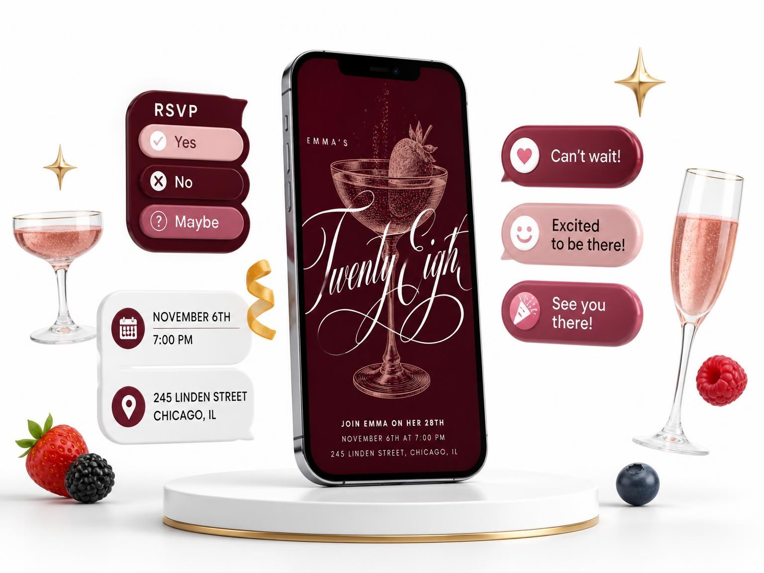 The Burgundy Cocktail 28th Birthday Invitation invitation on a phone, with guest RSVPs arriving around it