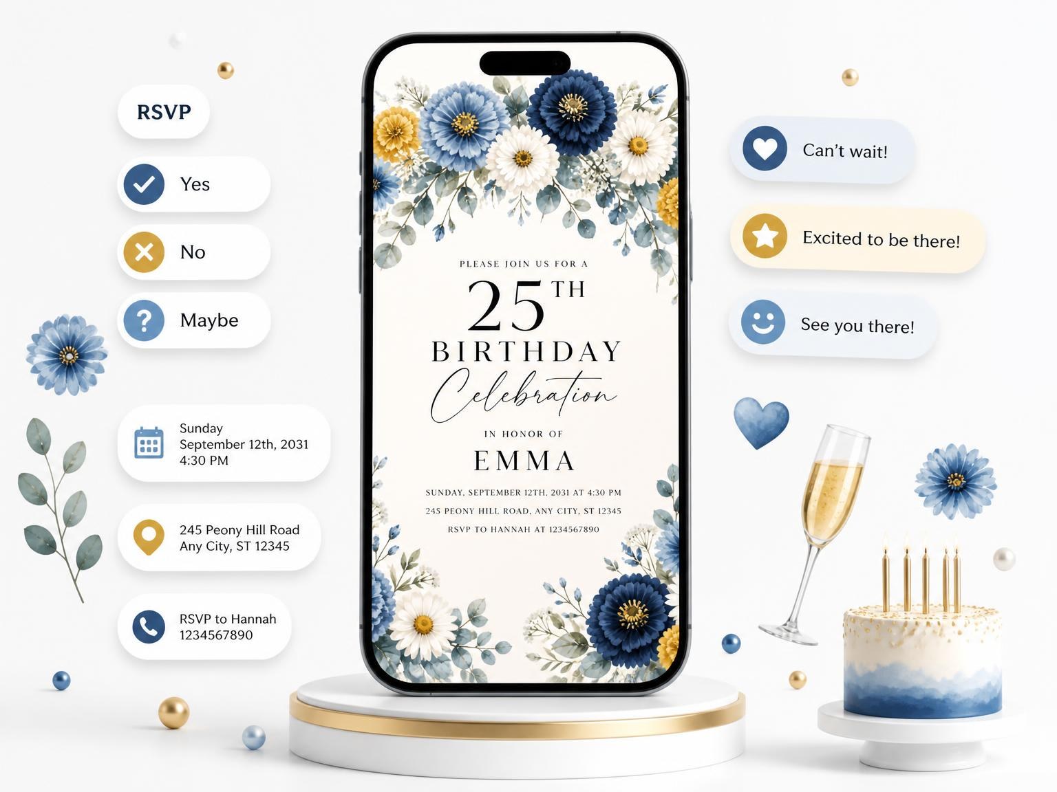 The Arch Garland Dusty Blue 25th Birthday Invitation invitation on a phone, with guest RSVPs arriving around it