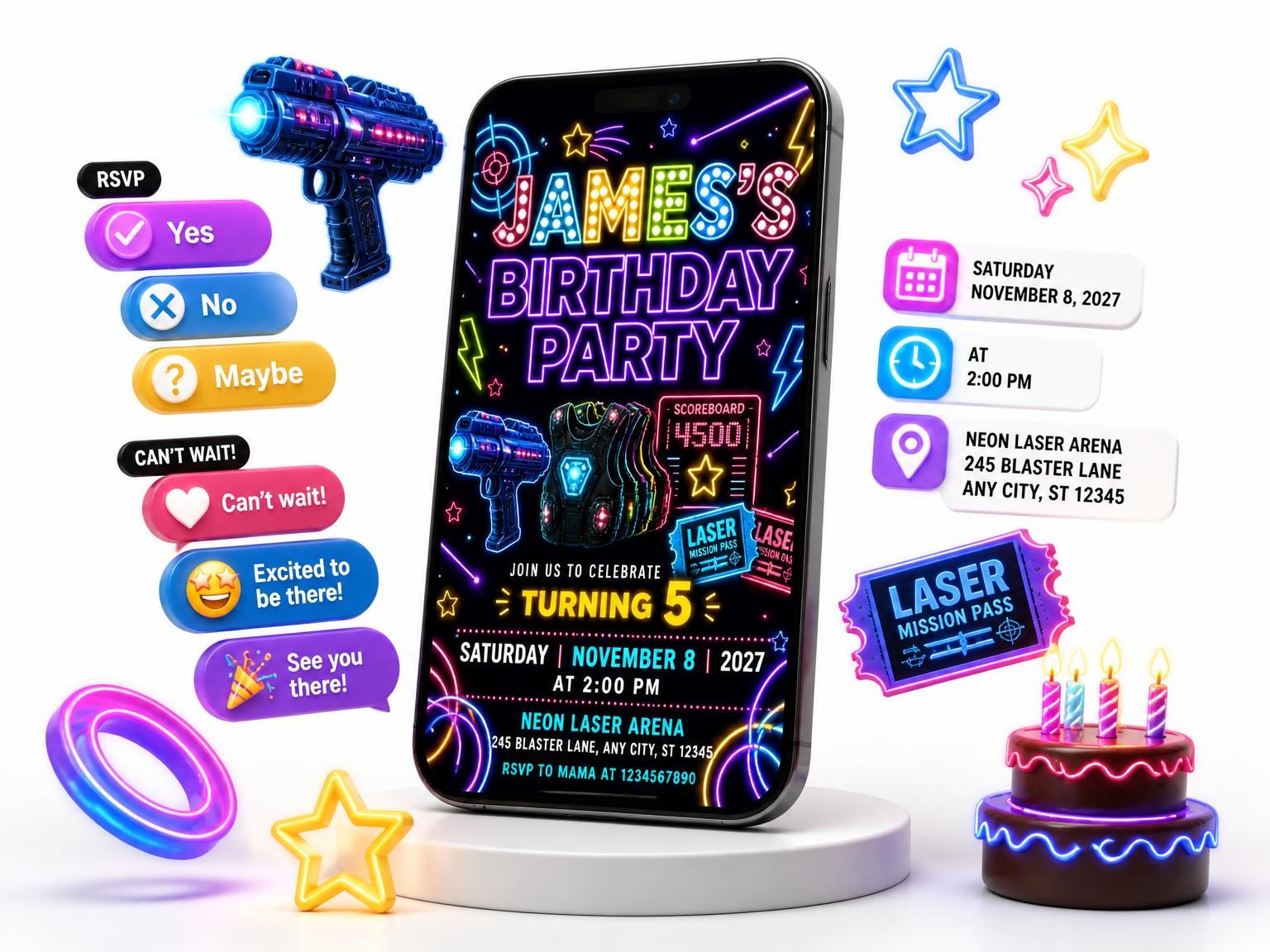 The Neon Laser Tag 5th Birthday Invitation invitation on a phone, with guest RSVPs arriving around it
