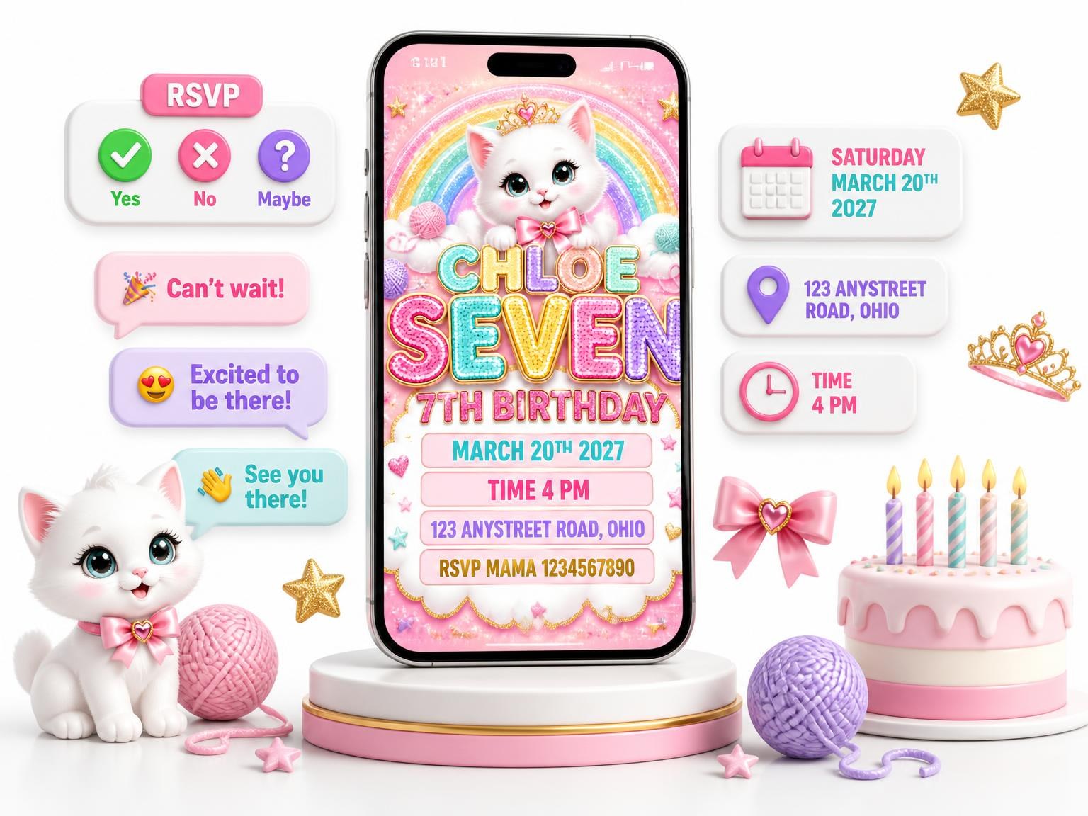 The Glitter Kitty Cat 7th Birthday Invitation invitation on a phone, with guest RSVPs arriving around it