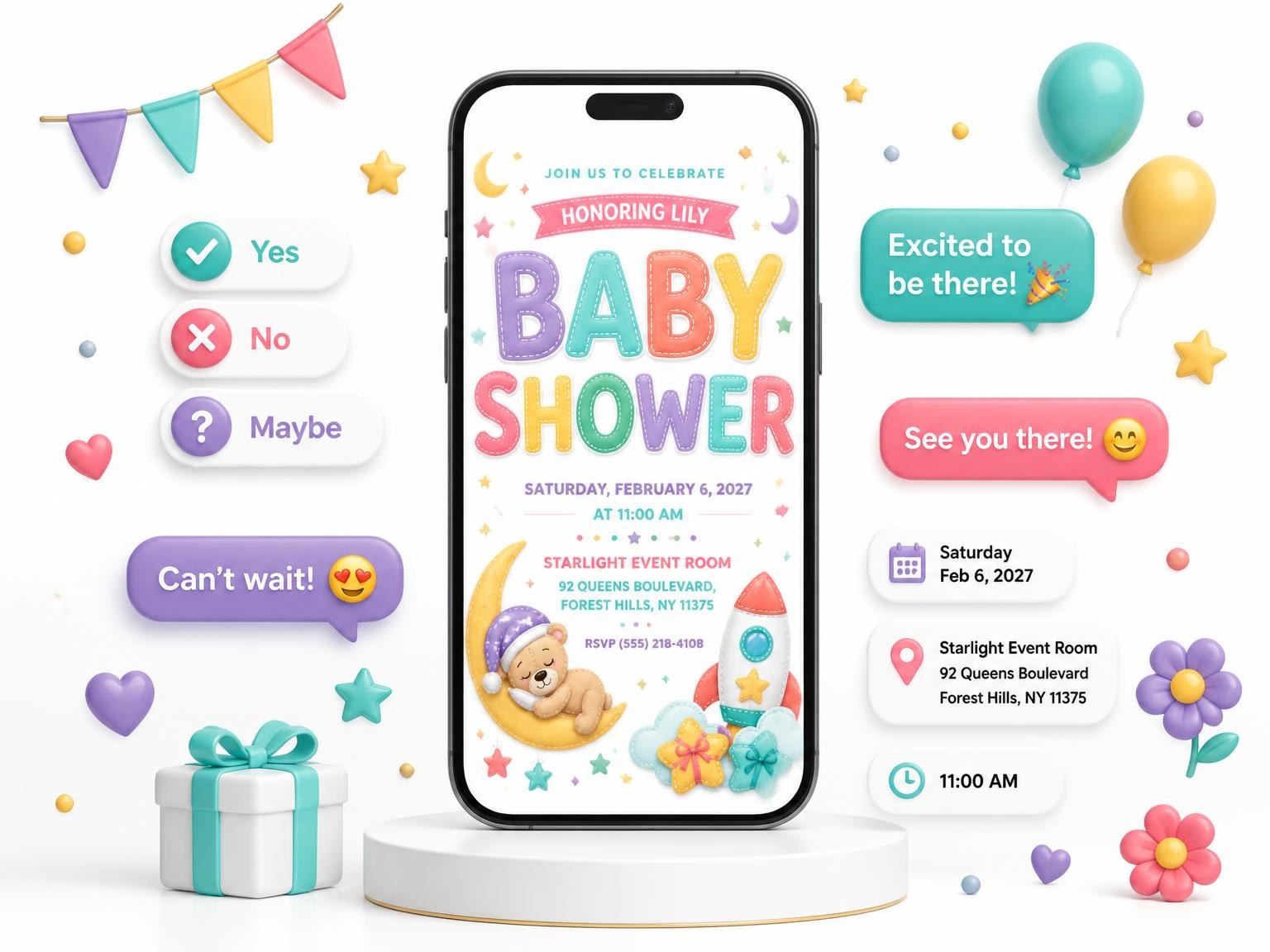 The Sleeping Teddy Baby Shower Invitation invitation on a phone, with guest RSVPs arriving around it