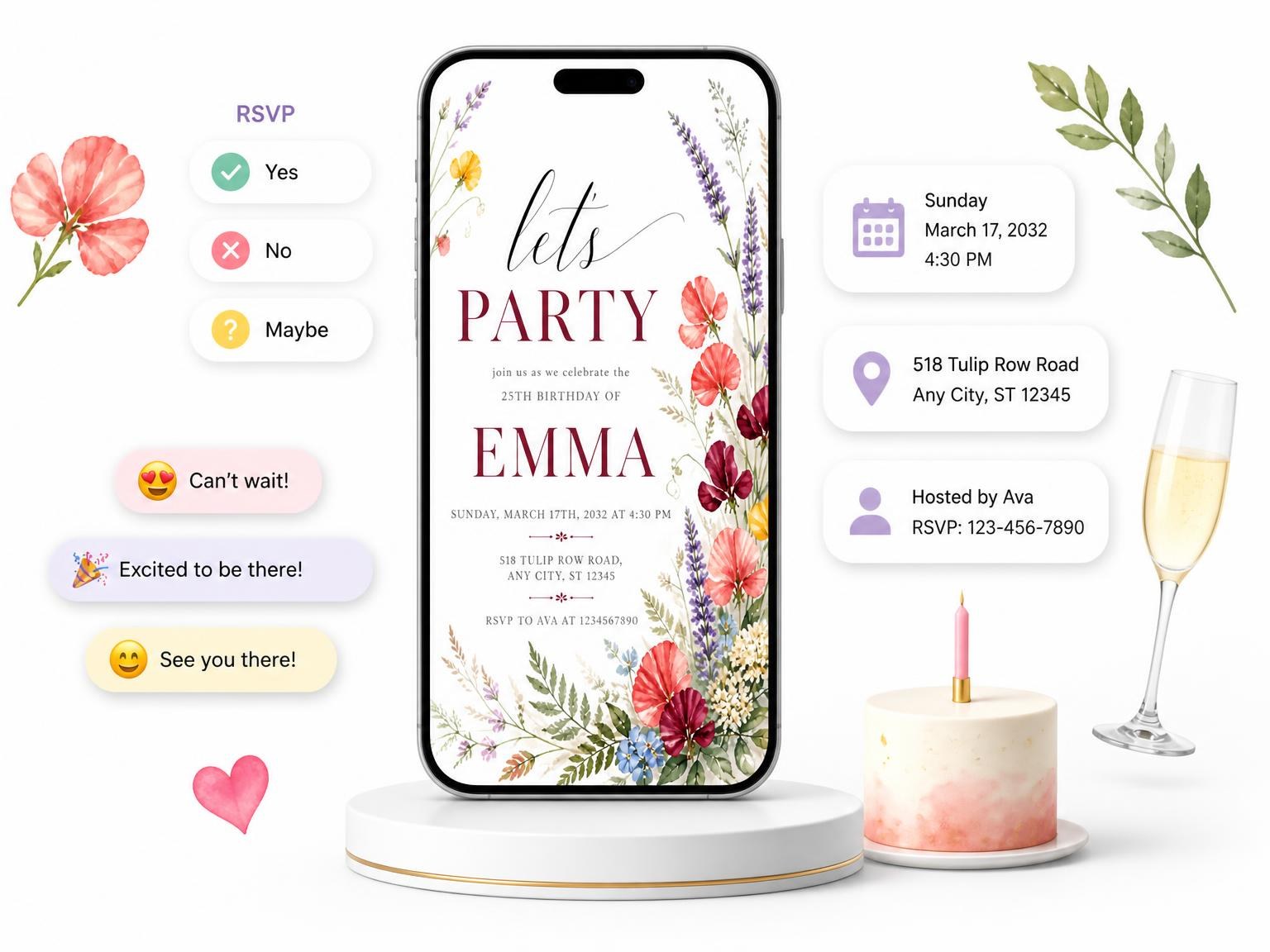 The Wildflower Stems Golden 25th Birthday Invitation invitation on a phone, with guest RSVPs arriving around it