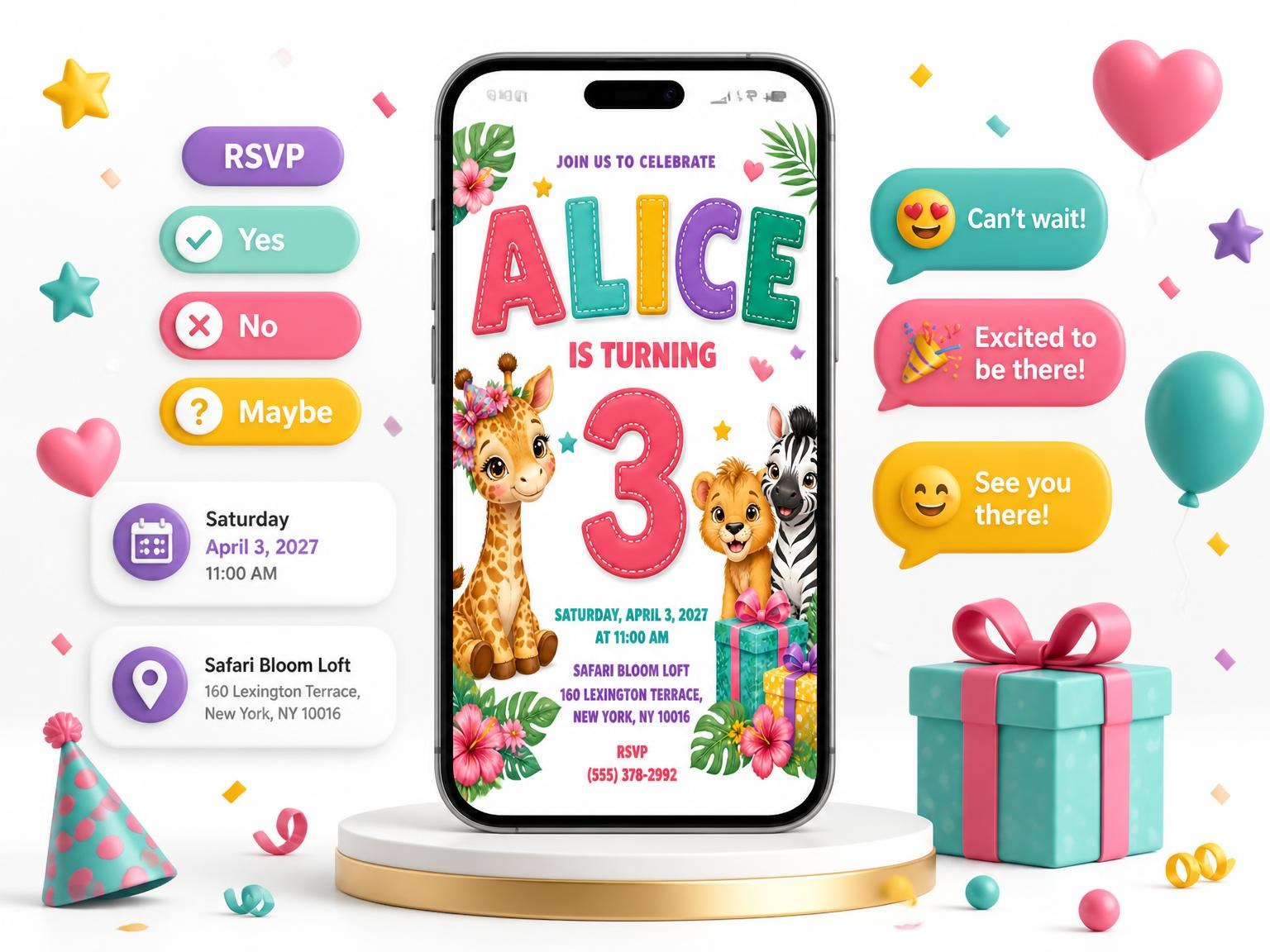 The Pink Safari 3rd Birthday Invitation invitation on a phone, with guest RSVPs arriving around it