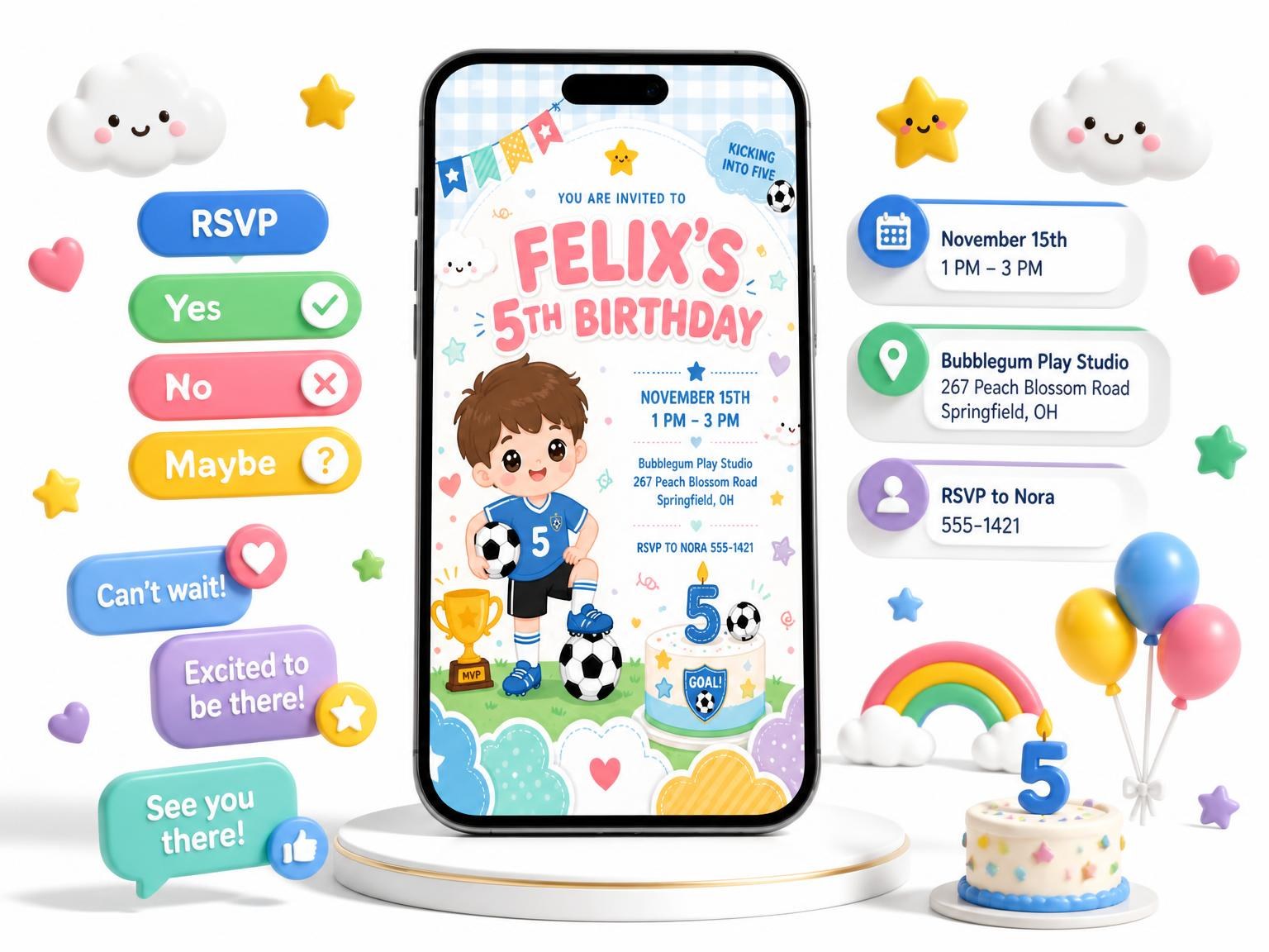 The Soccer Player Kawaii 5th Birthday Invitation invitation on a phone, with guest RSVPs arriving around it