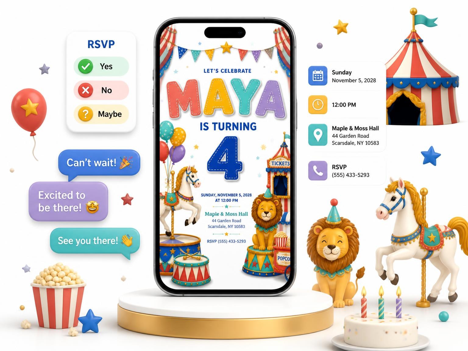 The Stitched Circus 4th Birthday Invitation invitation on a phone, with guest RSVPs arriving around it