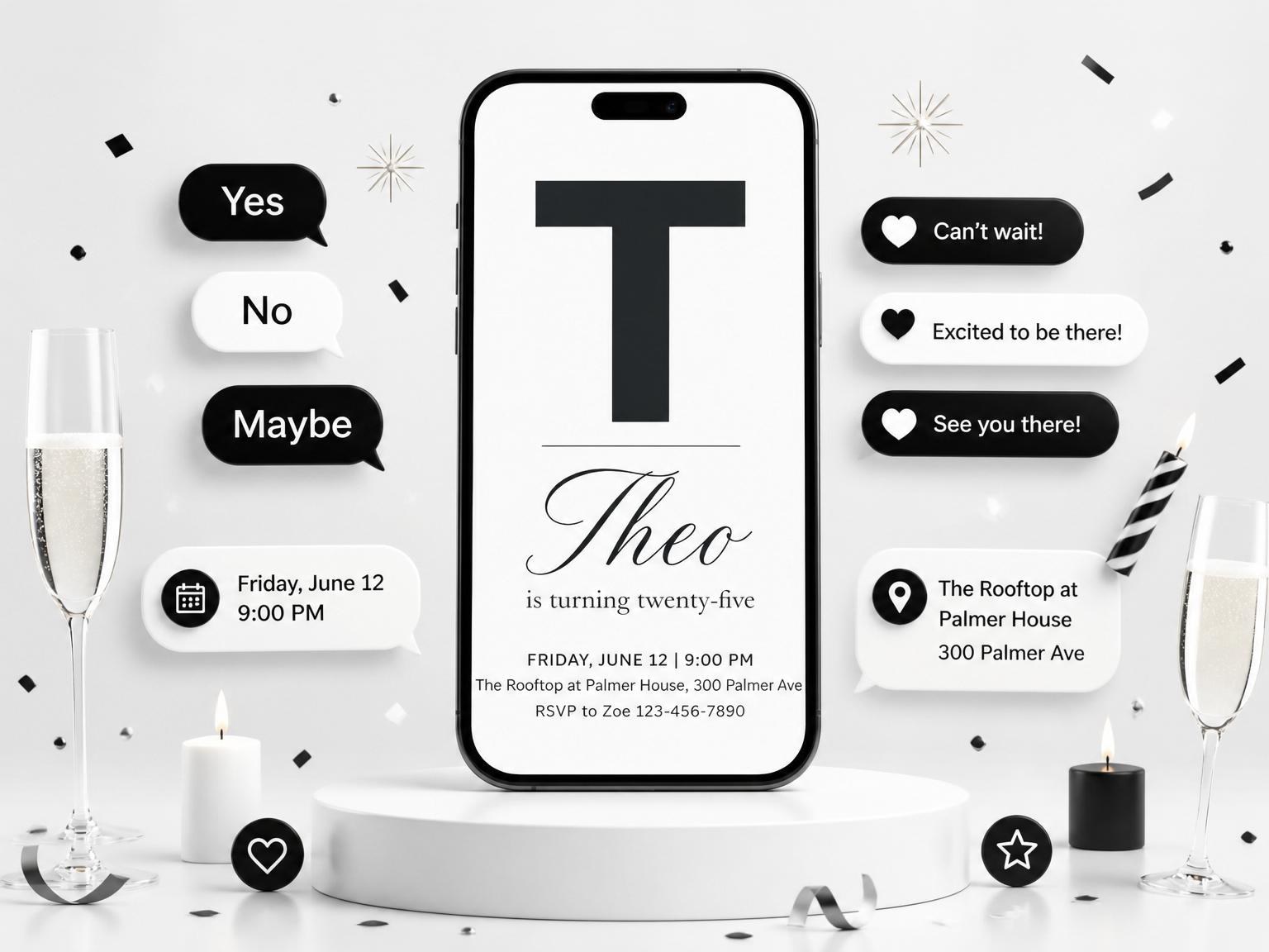 The Minimalist Monogram Typography 25th Birthday invitation on a phone, with guest RSVPs arriving around it