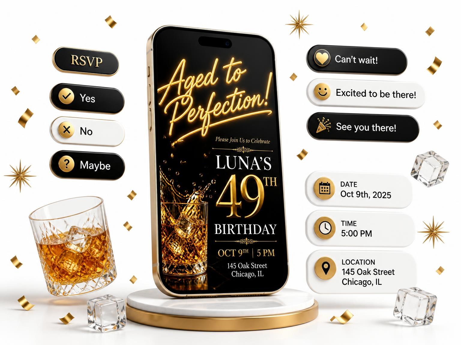 The Crystal Whiskey 49th Birthday Invitation invitation on a phone, with guest RSVPs arriving around it