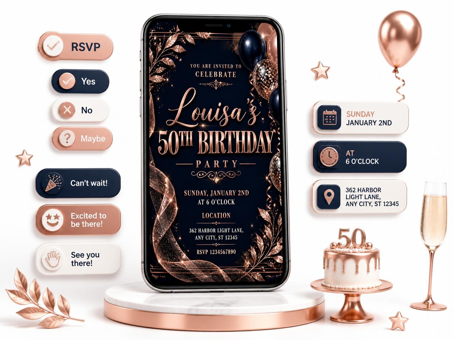 The Navy and Rose Gold 50th Birthday Invitation invitation on a phone, with guest RSVPs arriving around it
