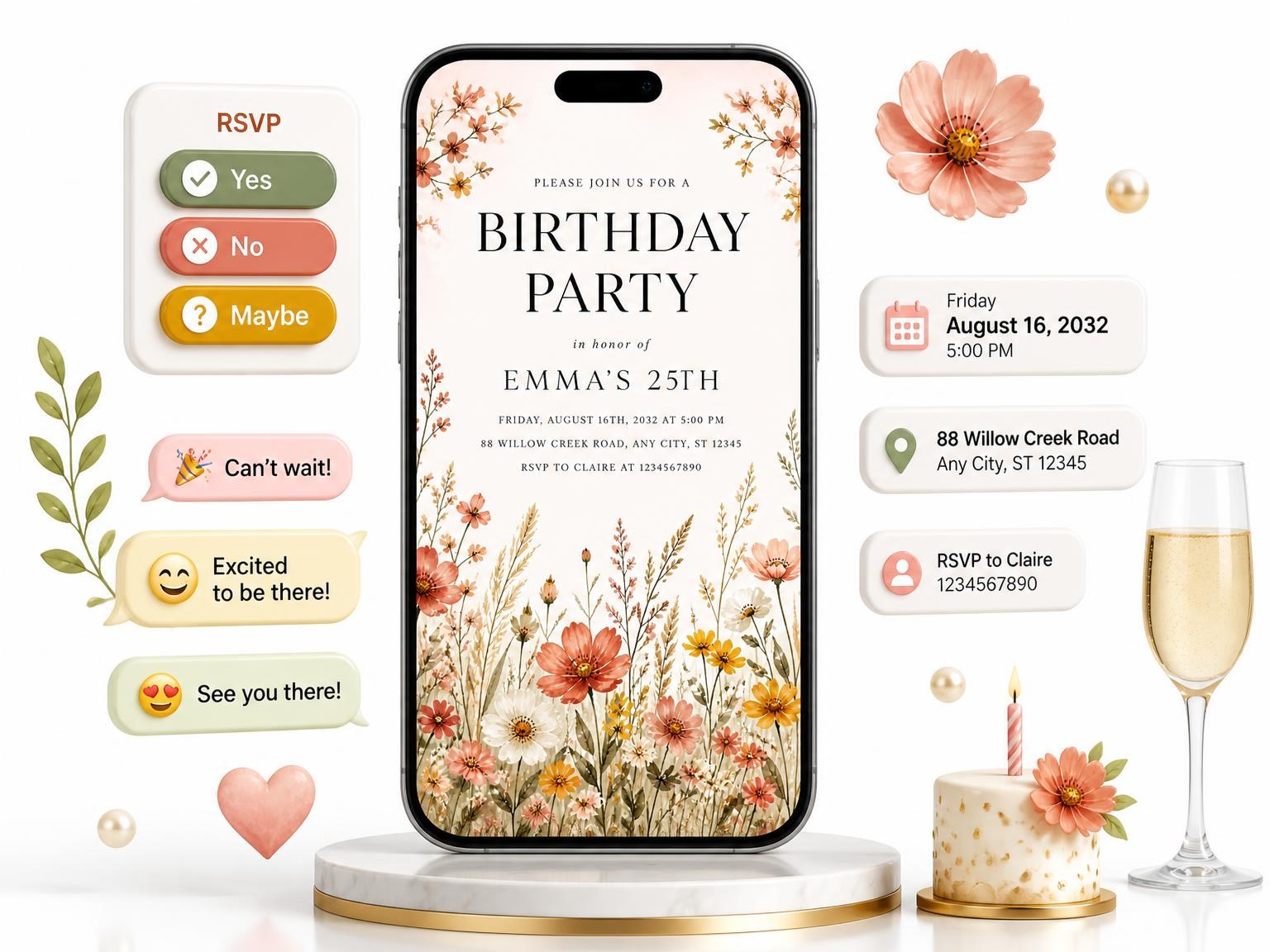 The Wildflower Garden 25th Birthday Invitation invitation on a phone, with guest RSVPs arriving around it