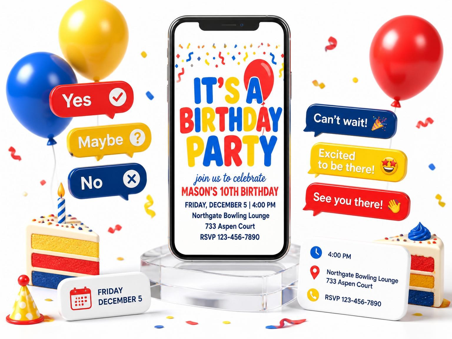 The Primary Color Balloon 10th Birthday Invitation invitation on a phone, with guest RSVPs arriving around it