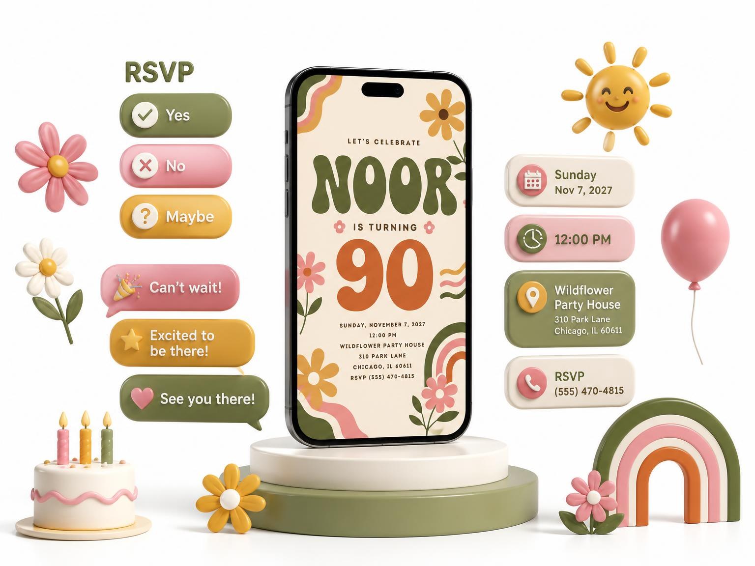 The Groovy Retro 90th Birthday Invitation invitation on a phone, with guest RSVPs arriving around it