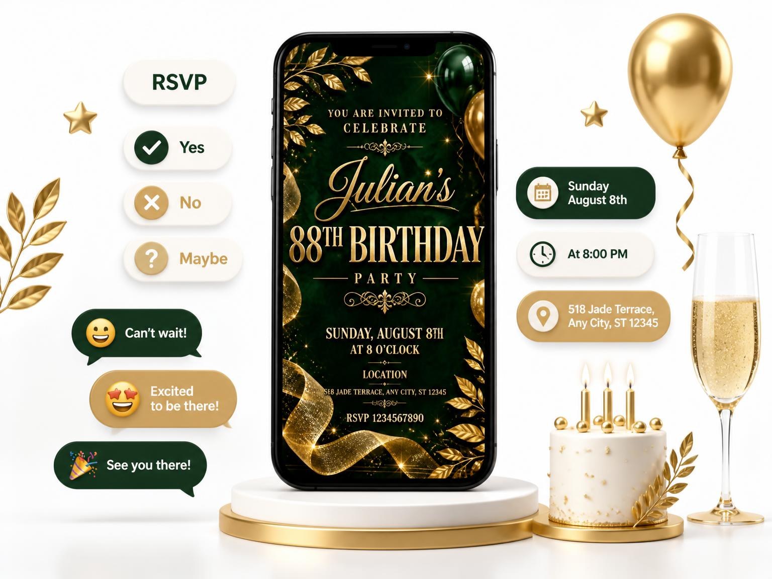 The Emerald and Champagne 88th Birthday Invitation invitation on a phone, with guest RSVPs arriving around it