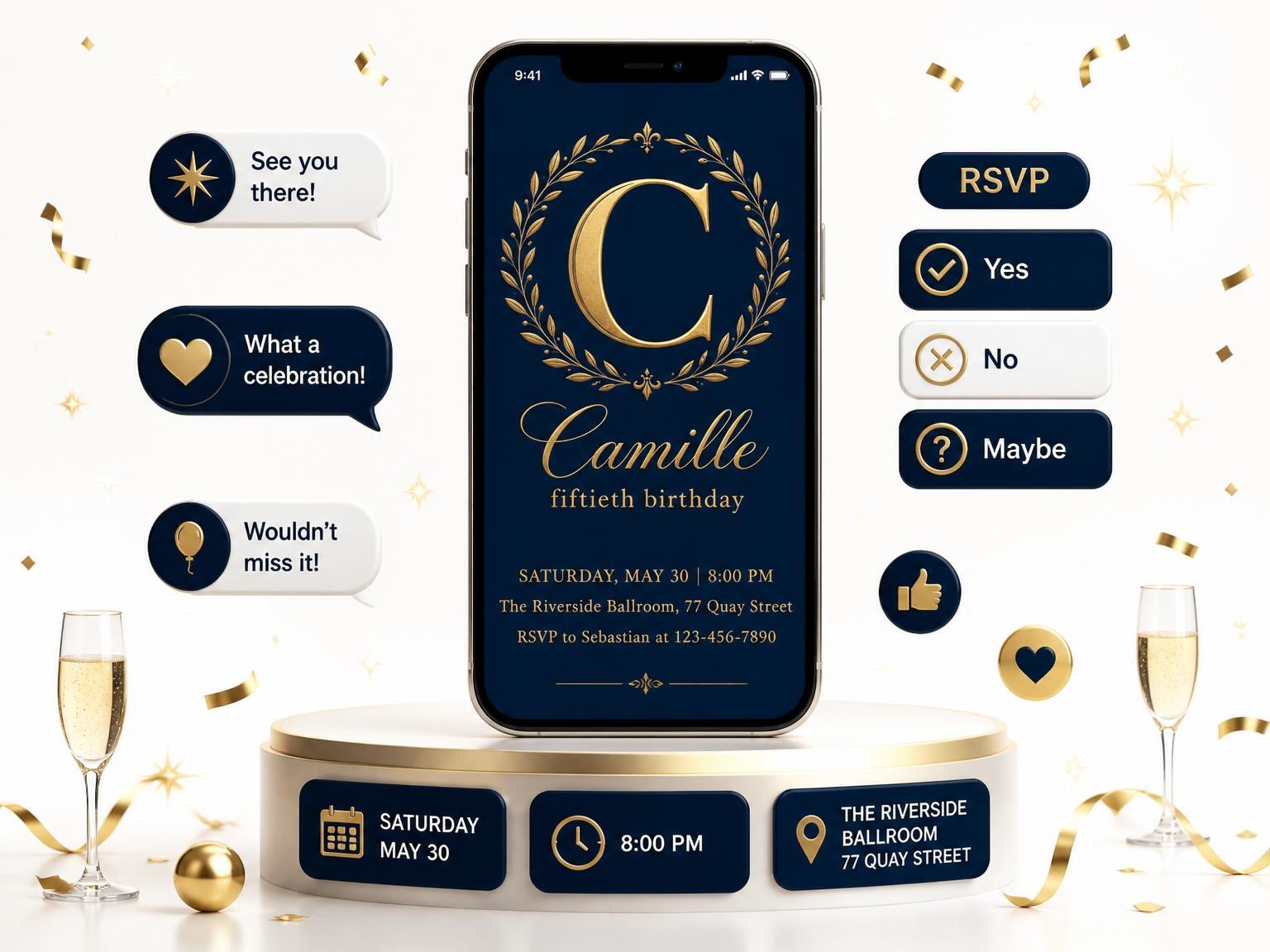 The Navy and Gold Laurel 50th Birthday invitation on a phone, with guest RSVPs arriving around it