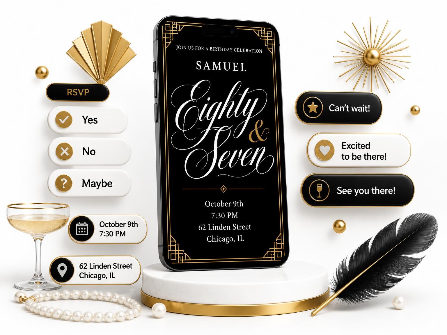 The Art Deco 87th Birthday Invitation invitation on a phone, with guest RSVPs arriving around it