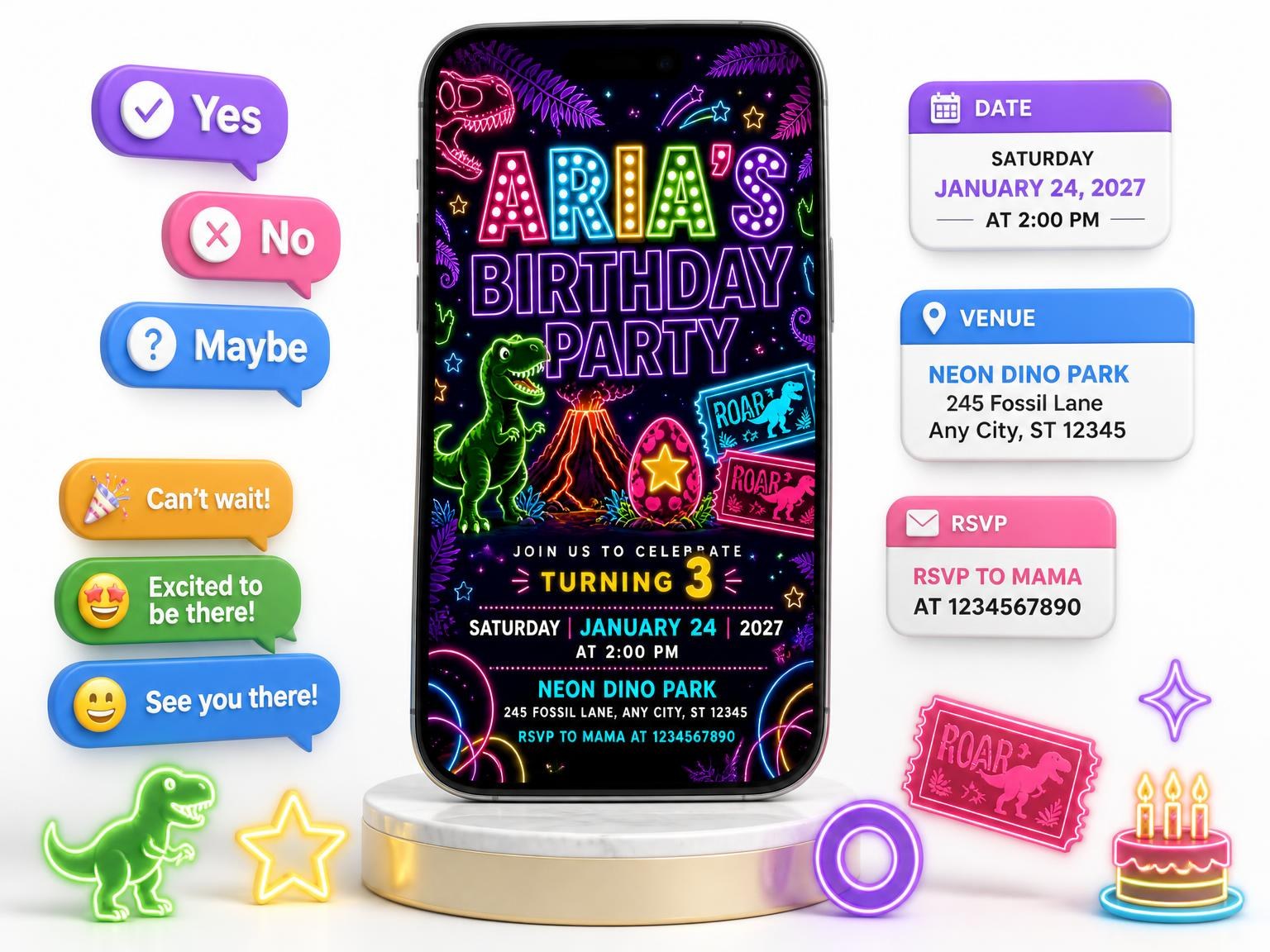 The Neon Dinosaur 3rd Birthday Invitation invitation on a phone, with guest RSVPs arriving around it