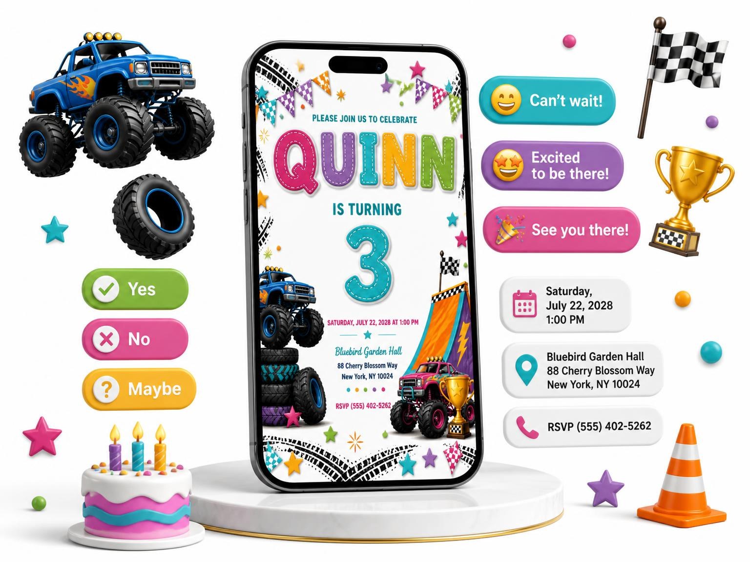 The Stitched Monster Truck 3rd Birthday Invitation invitation on a phone, with guest RSVPs arriving around it