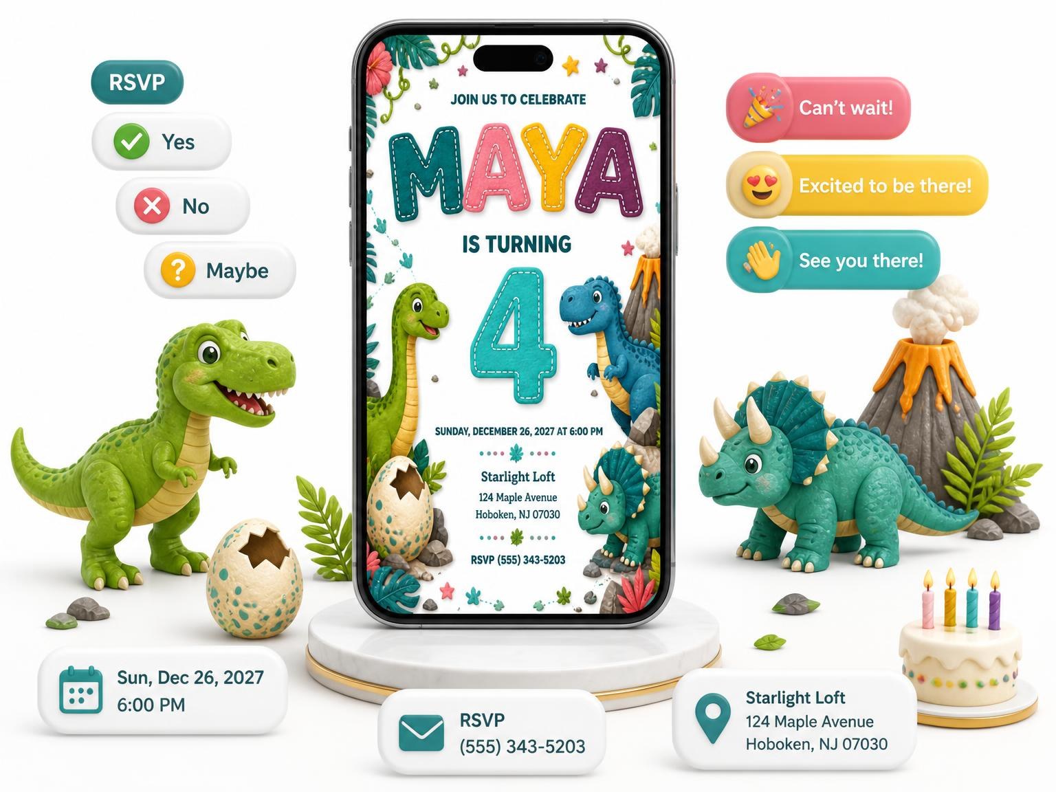 The Stitched Dinosaur 4th Birthday Invitation invitation on a phone, with guest RSVPs arriving around it