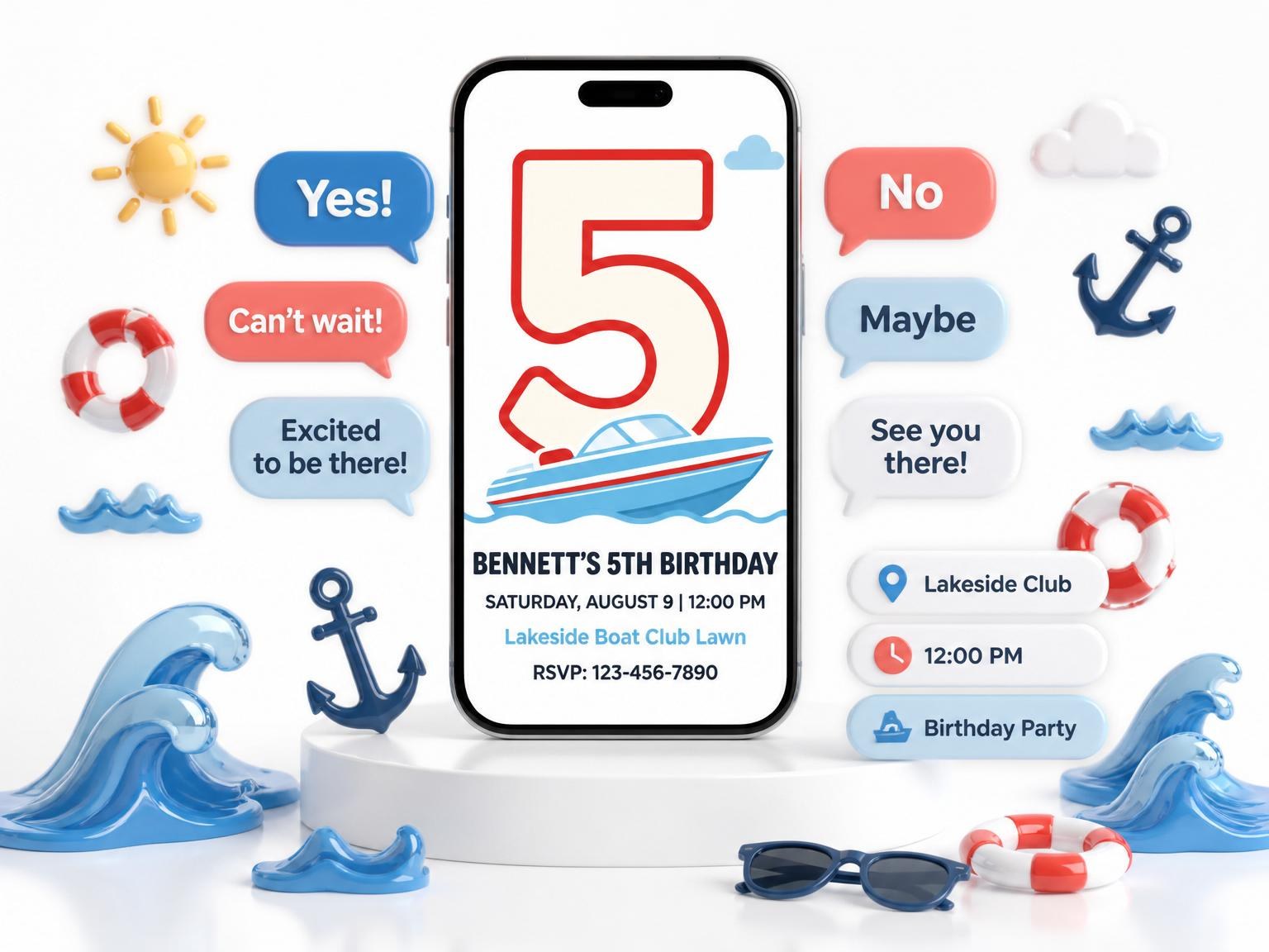 The Red and Blue Motorboat 5th Birthday invitation on a phone, with guest RSVPs arriving around it