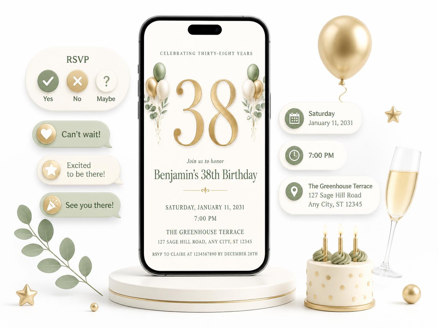 The Sage and Ivory 38th Birthday Invitation invitation on a phone, with guest RSVPs arriving around it