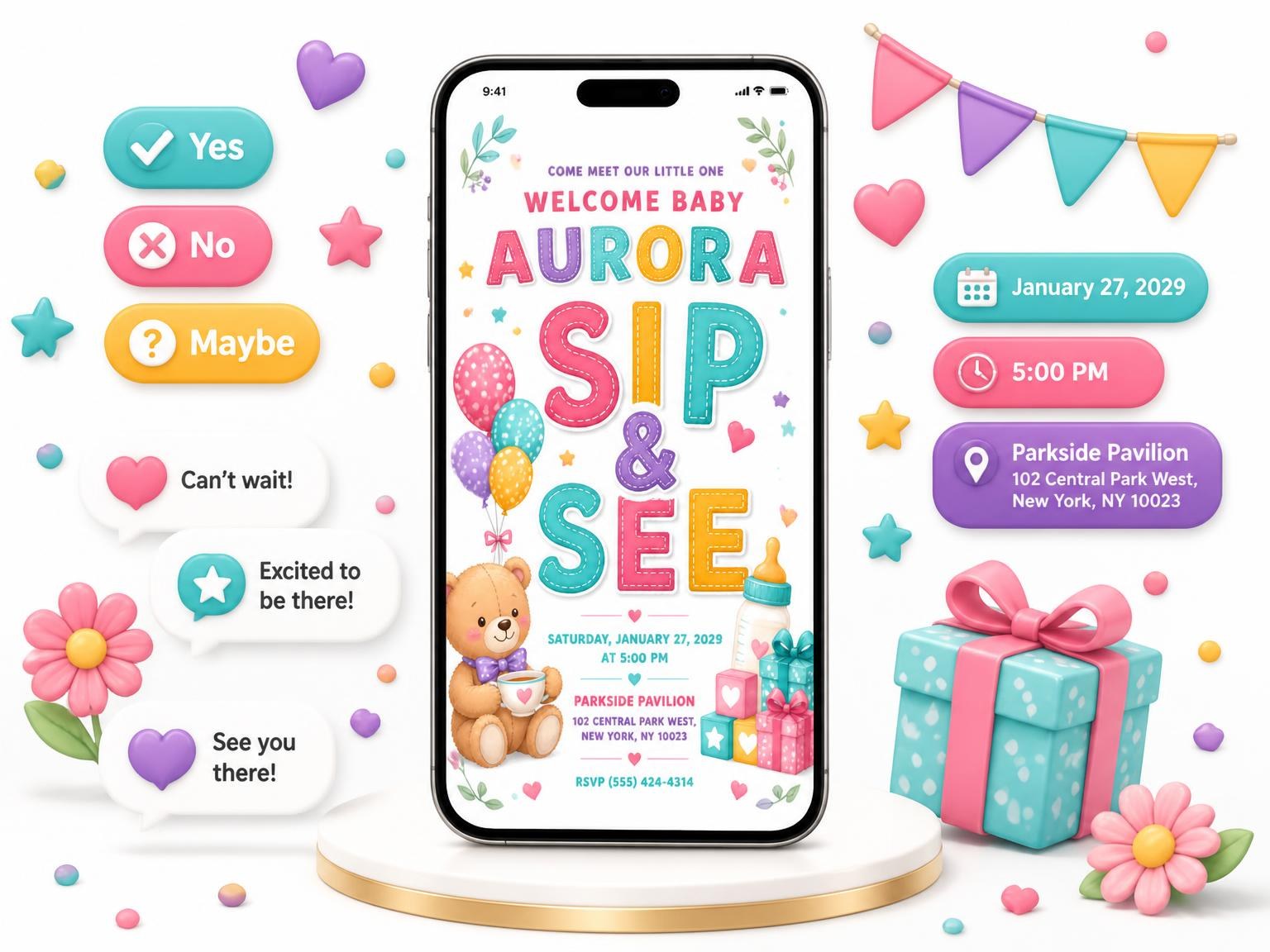 The Teddy Bear Sip & See Invitation invitation on a phone, with guest RSVPs arriving around it