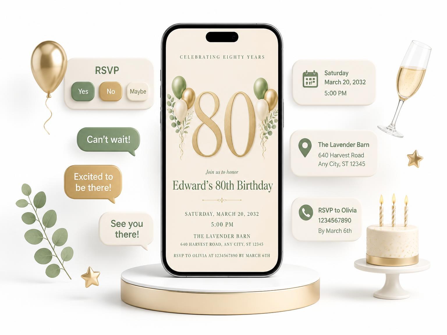 The Sage and Ivory 80th Birthday Invitation invitation on a phone, with guest RSVPs arriving around it