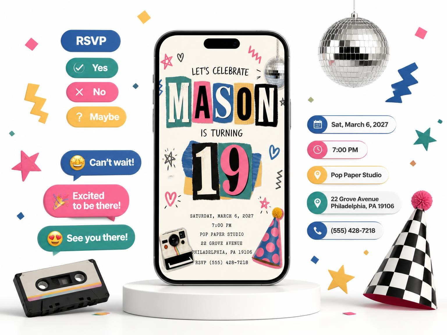 The Retro Paper Collage 19th Birthday Invitation invitation on a phone, with guest RSVPs arriving around it