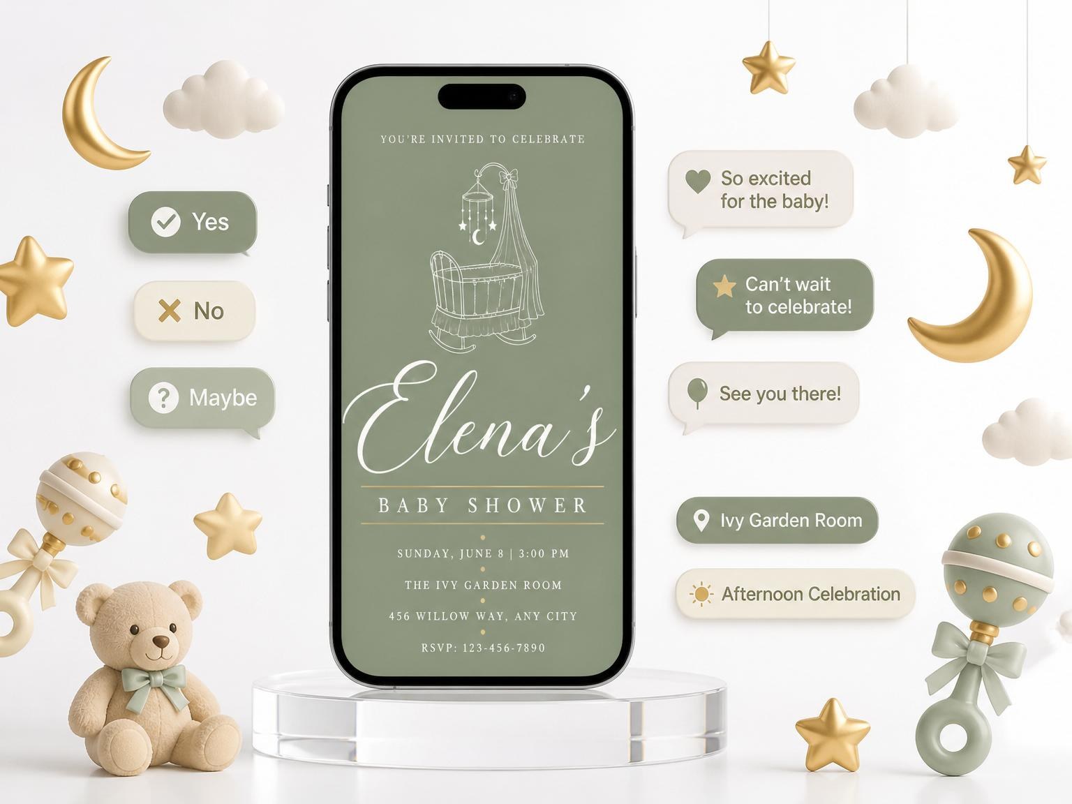 The Sage Green Cradle Baby Shower invitation on a phone, with guest RSVPs arriving around it