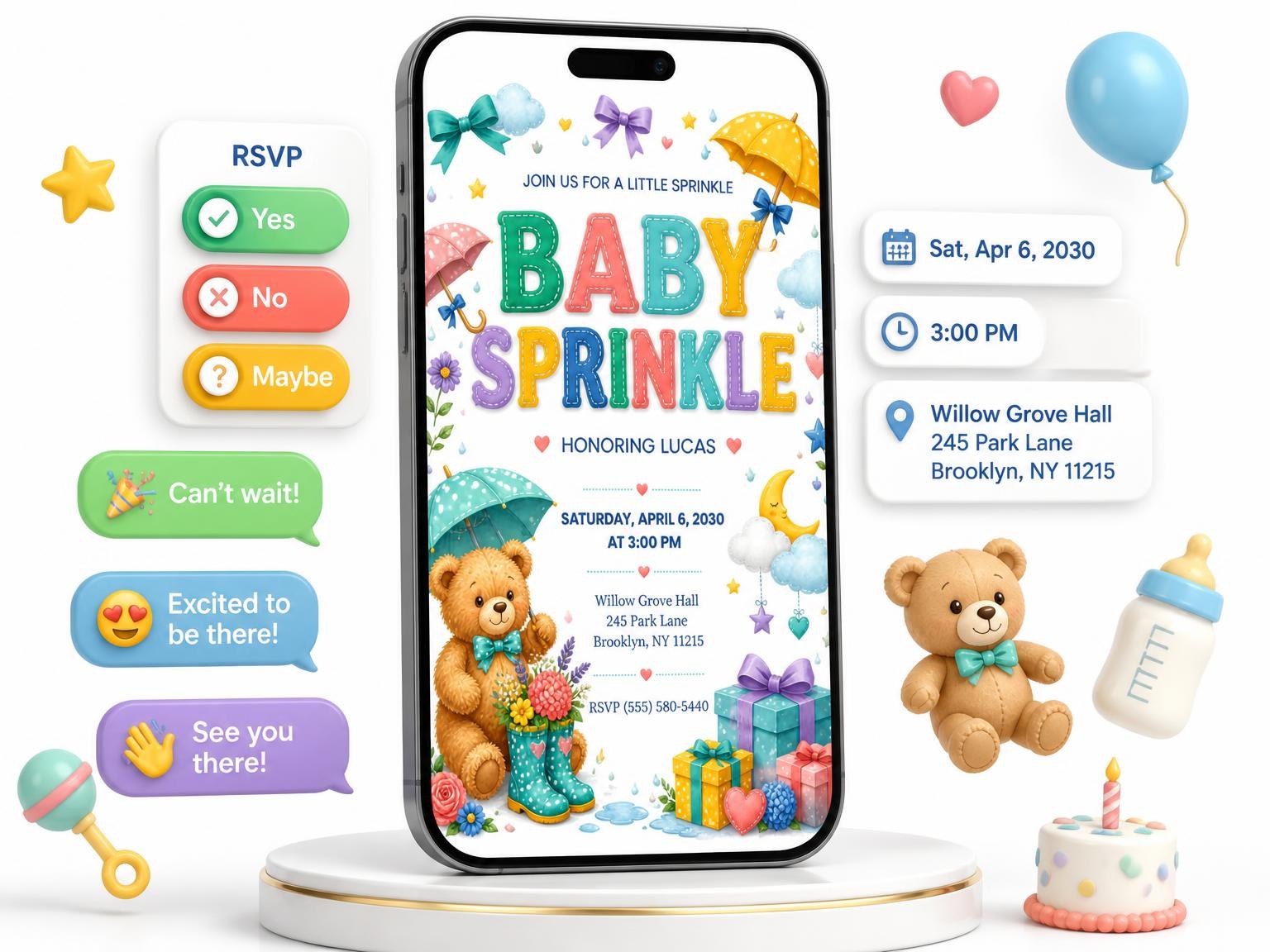 The Hanging Mobile Baby Sprinkle Invitation invitation on a phone, with guest RSVPs arriving around it